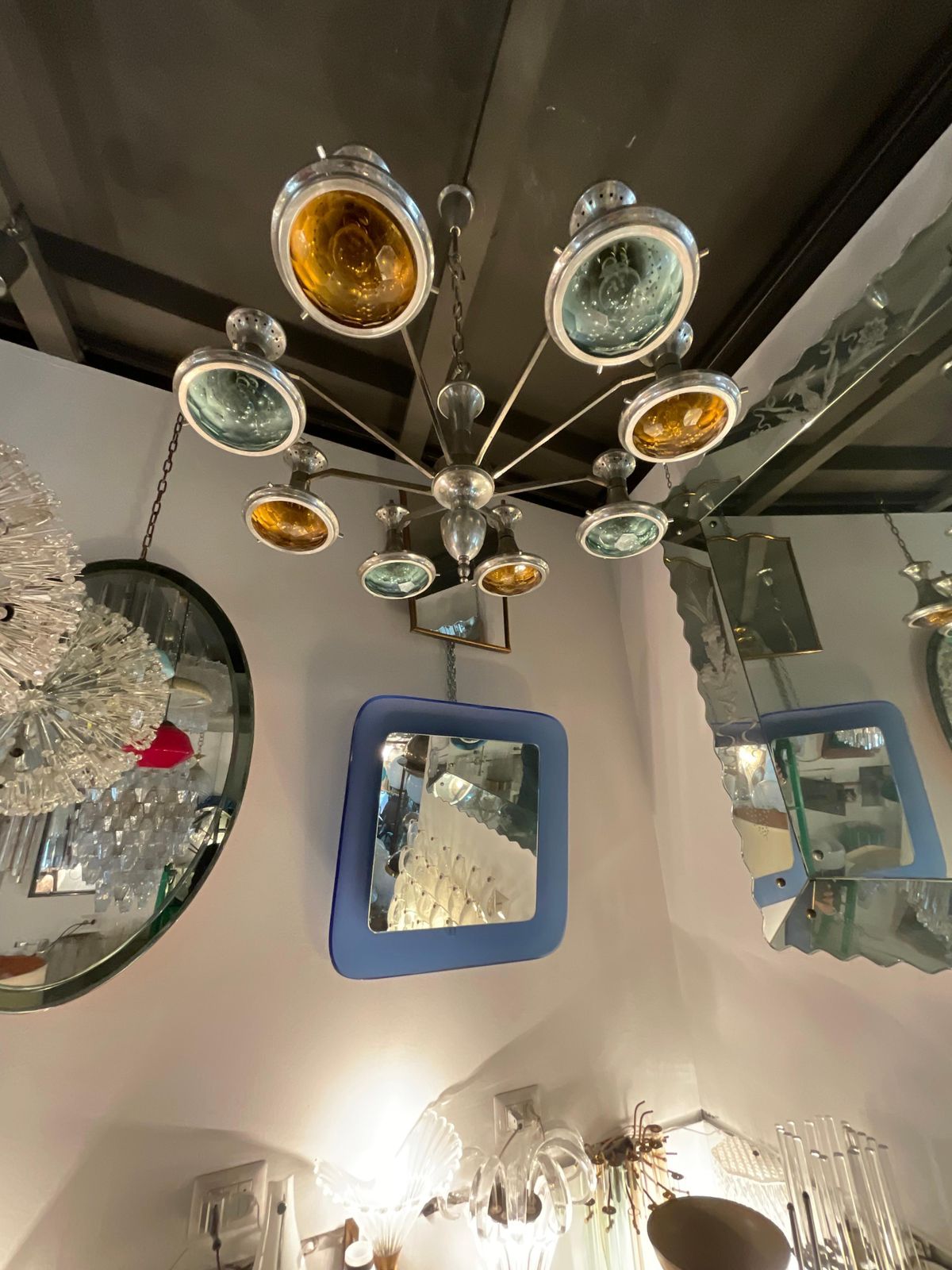 Stilnovo Chandelier Metal Crome Colored Faceted Glass 1950 Italy photo buy