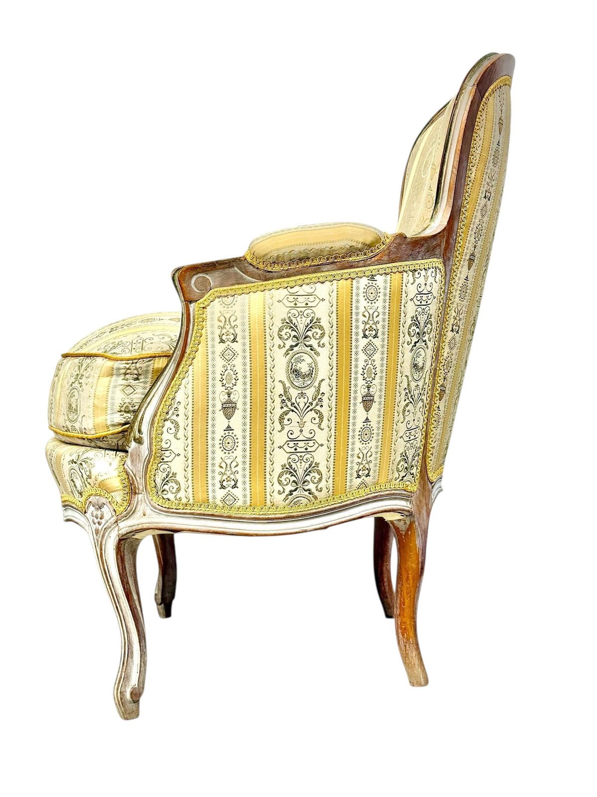 photo for sale Pair Of 19th C. French Louis XVI Style Bergères With Silk Blend Satin Upholstery