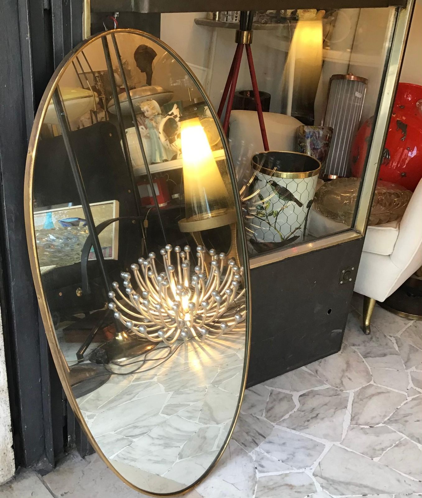 In The Style Of Fontana Arte Ovale Mirror Brass Wood Mirrored Glass 1950 Italy photo vinterior
