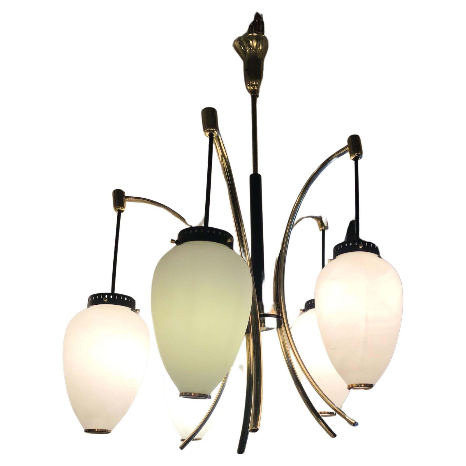 Stilnovo Chandelier Opaline Glass Brass Iron 1950 Italy