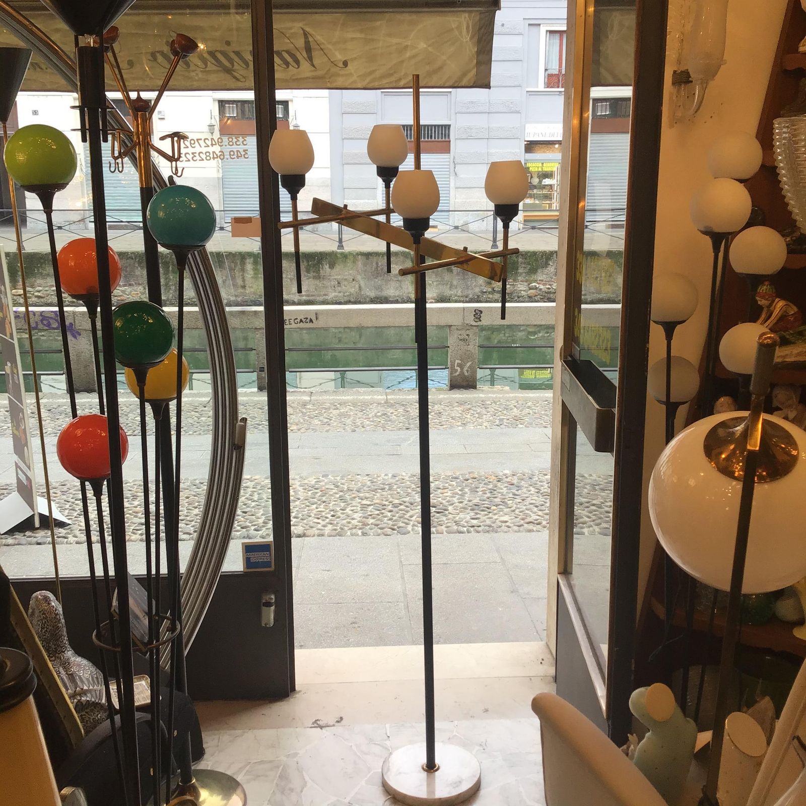 photo for sale Stilnovo Floor Lamp Four Light Marble Iron Glass Brass, Italy