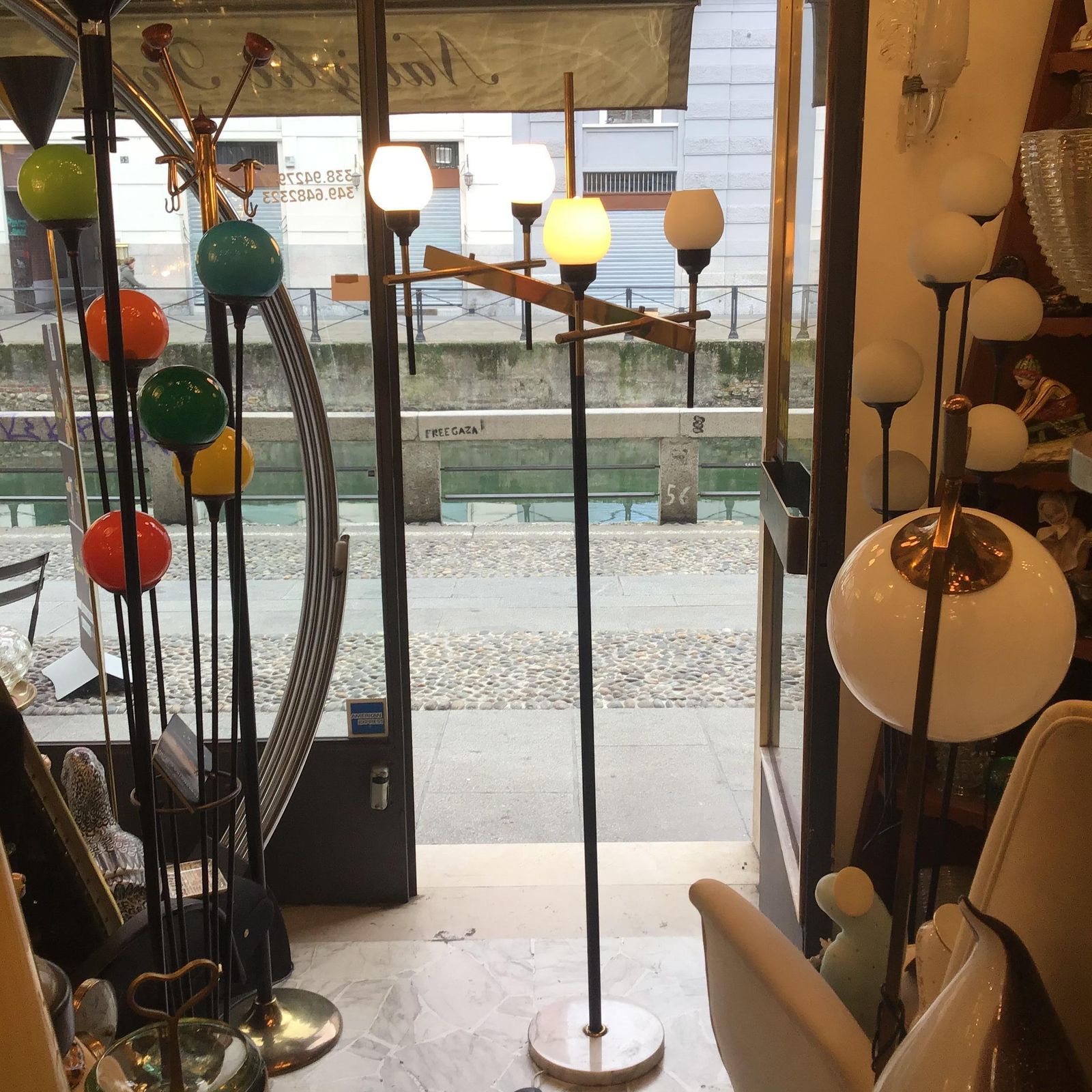 photo buy Stilnovo Floor Lamp Four Light Marble Iron Glass Brass, Italy
