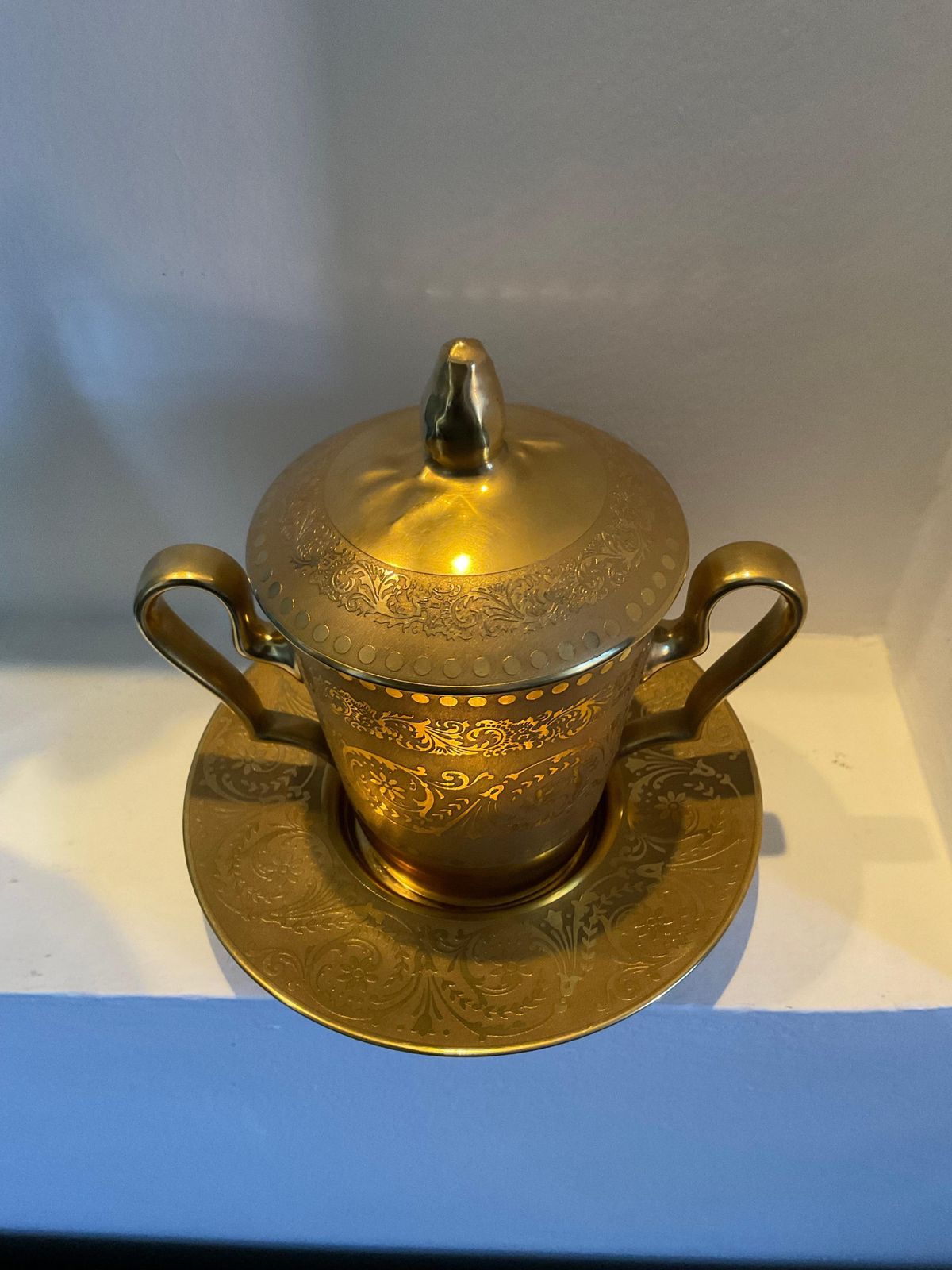 Limoges Porcelain   Container With 2 Handles, Lid And Plate , Gold Glaze photo for sale