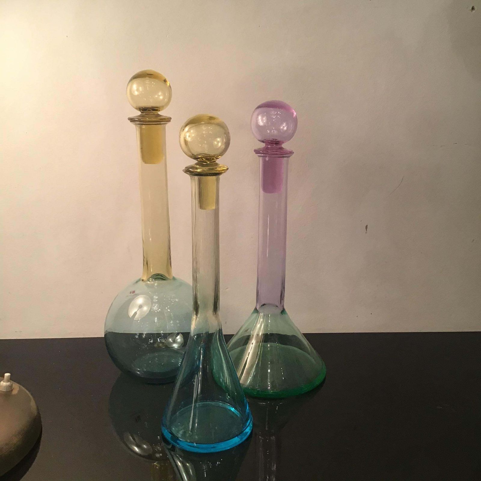 photo for sale Carlo Moretti Set Of 3 Red White Rose' Wine Bottles Murano Glass 1970 Italy