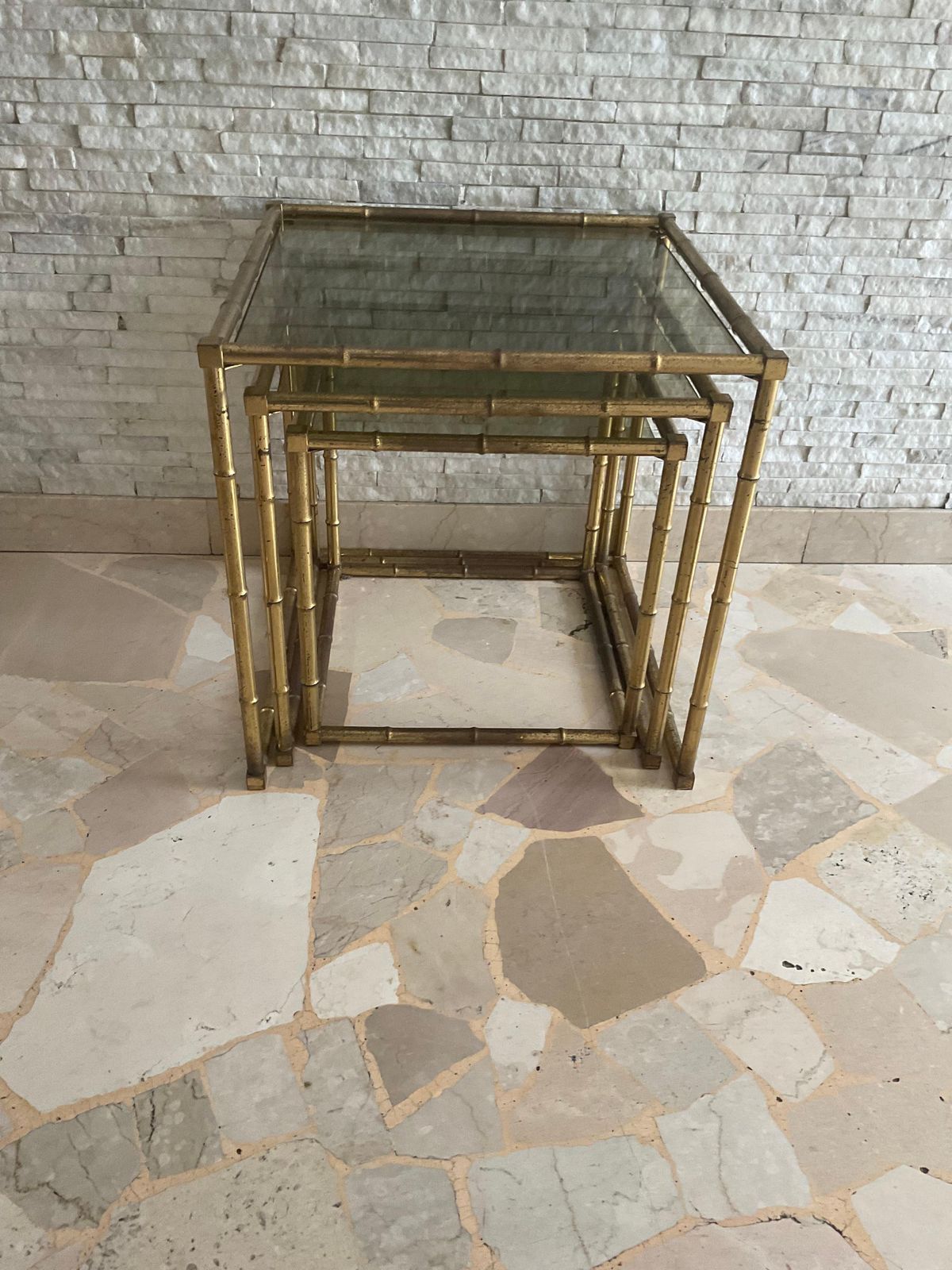 Set Of 3 Interlocking Tables Made Of Brass Worked In The Shape Of Bamboo, And Glass Italy photo furniture