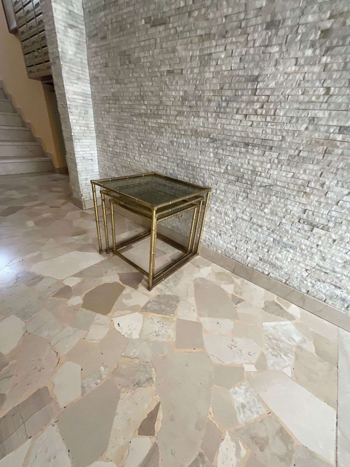Set Of 3 Interlocking Tables Made Of Brass Worked In The Shape Of Bamboo, And Glass Italy photo vinterior
