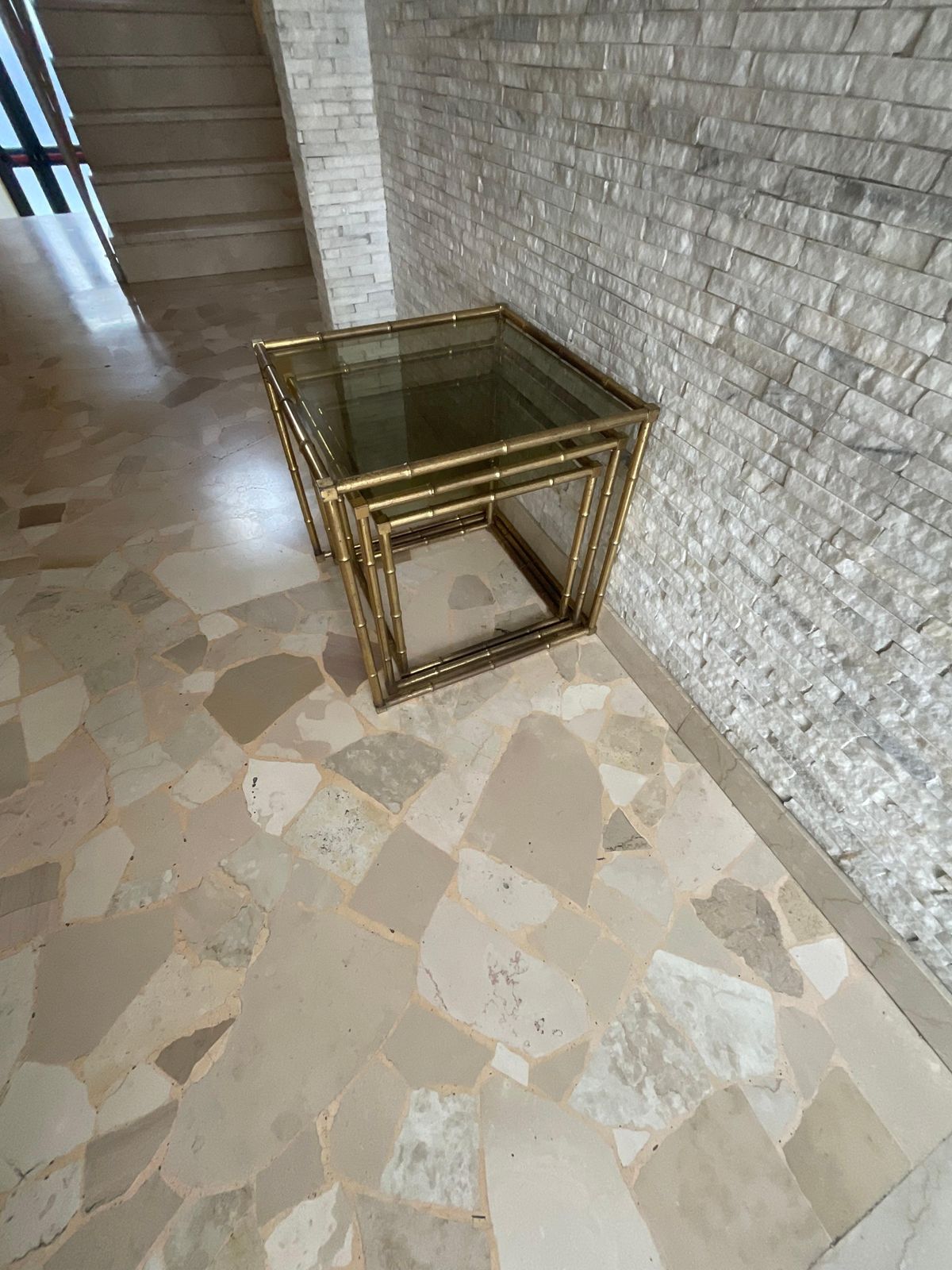 Set Of 3 Interlocking Tables Made Of Brass Worked In The Shape Of Bamboo, And Glass Italy photo vintage