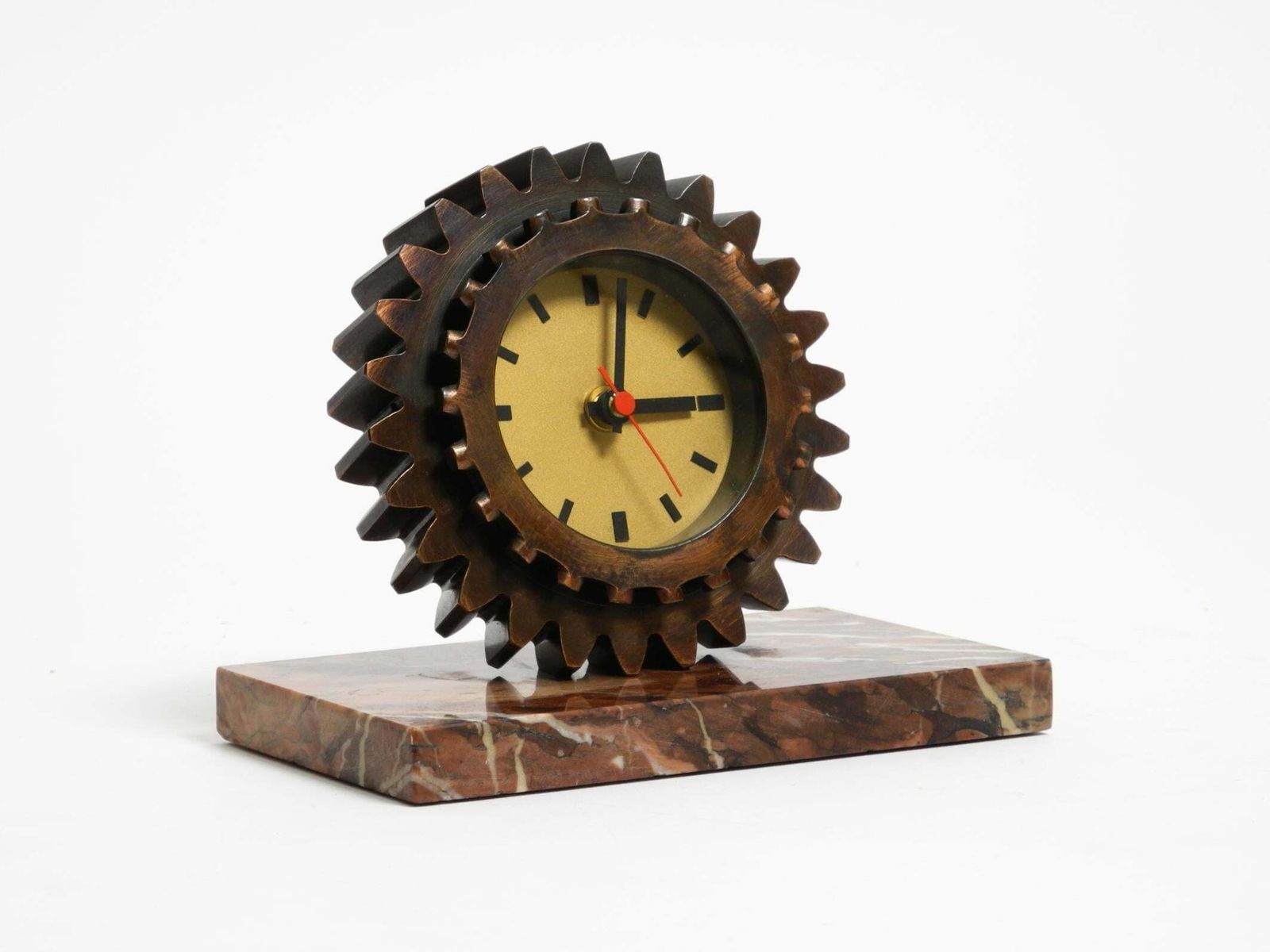 Beautiful 70s Heavy Table Clock Made Of An Iron Gear And A Marble Base photo for sale
