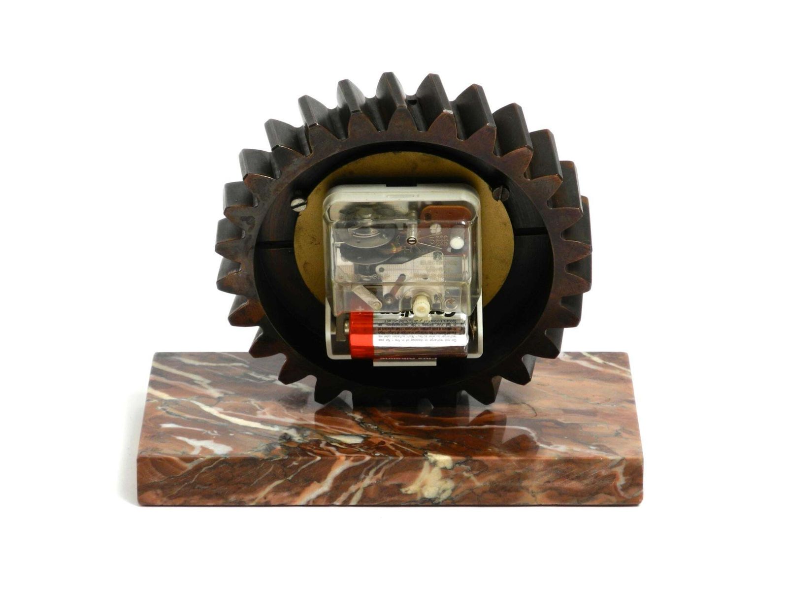Beautiful 70s Heavy Table Clock Made Of An Iron Gear And A Marble Base photo vintage