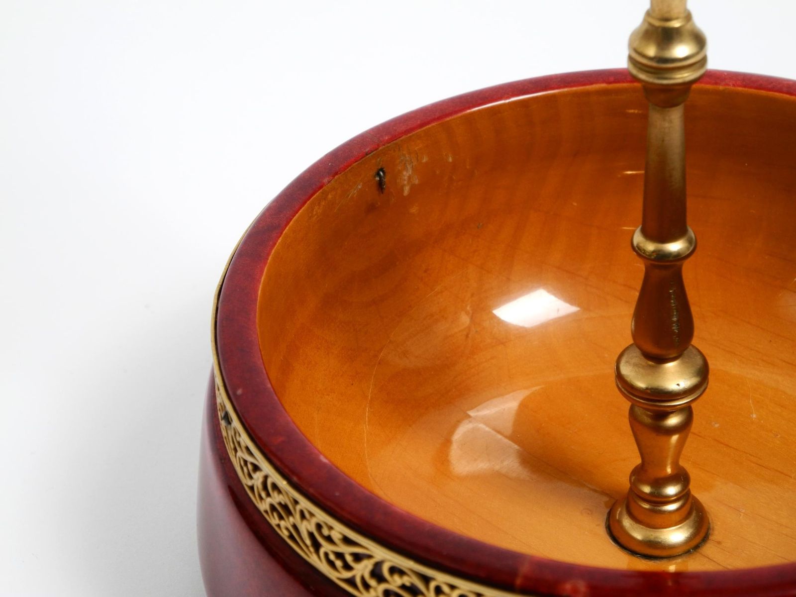 photo for sale 1960s Nut Bowl By Aldo Tura Made Of Red Goatskin And Brass   Made In Italy