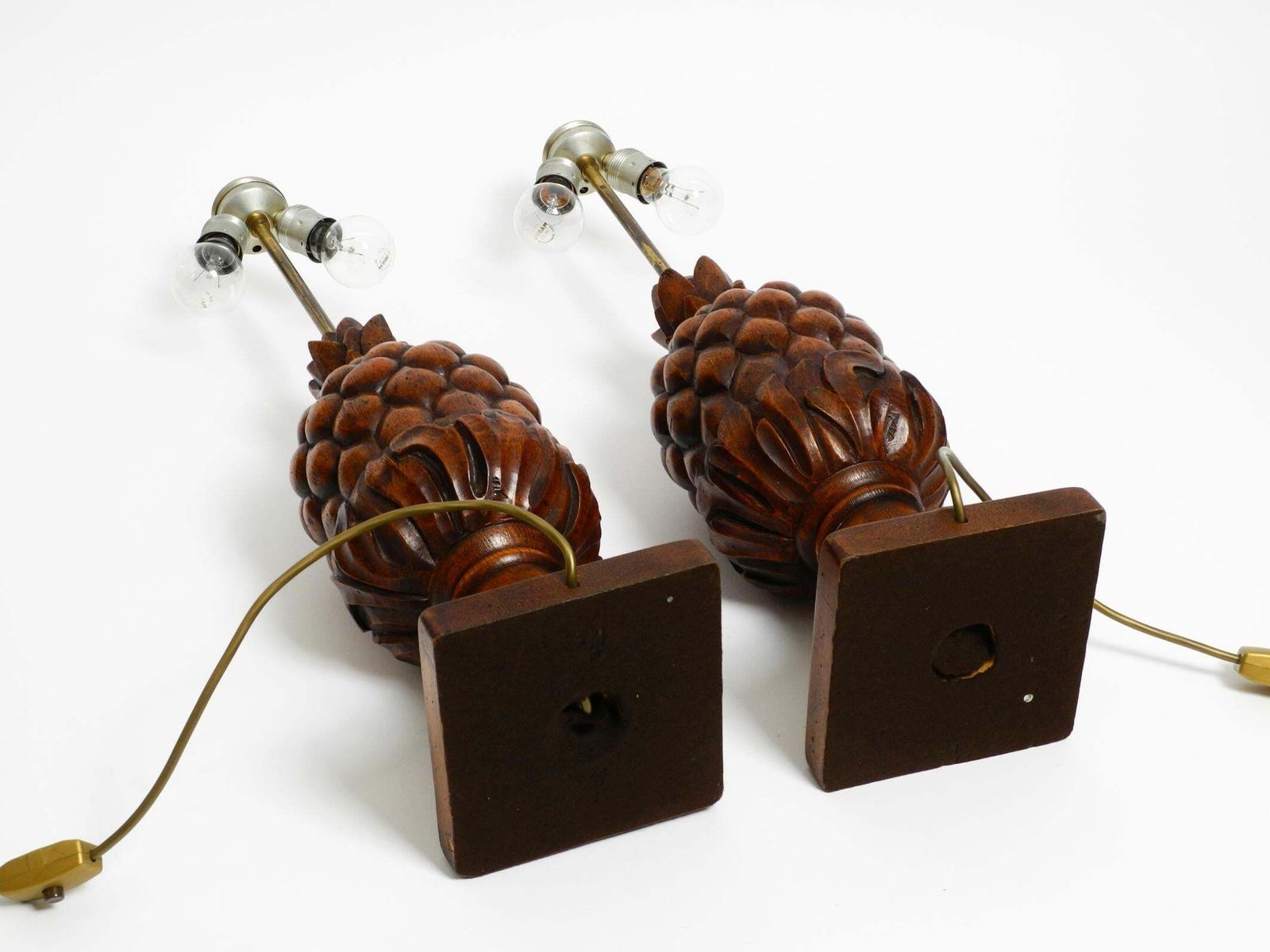 photo for sale Pair Of Large Mid Century Modern Pineapple Table Lamps Made Of Stained Pinewood
