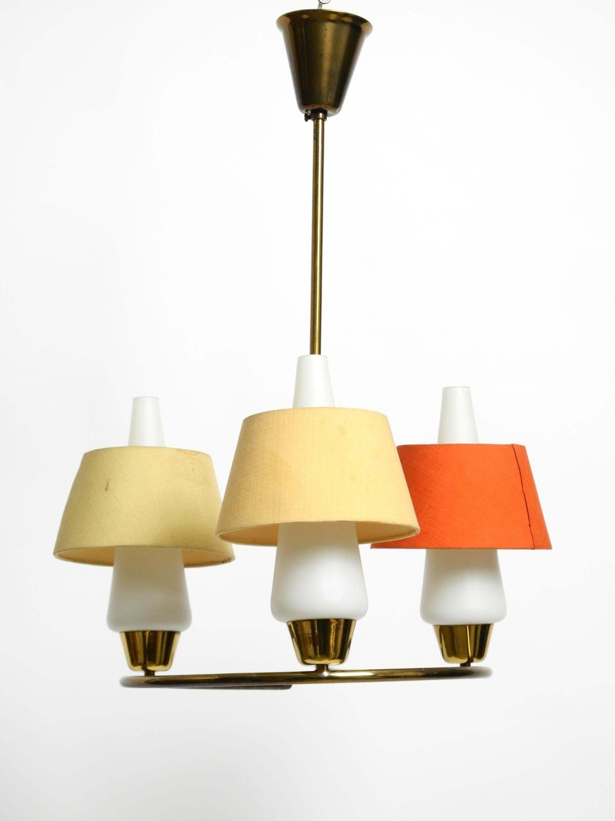 Mid Century Brass Ceiling Lamp With Glass And Fabric Shades By J. T. Kalmar photo for sale
