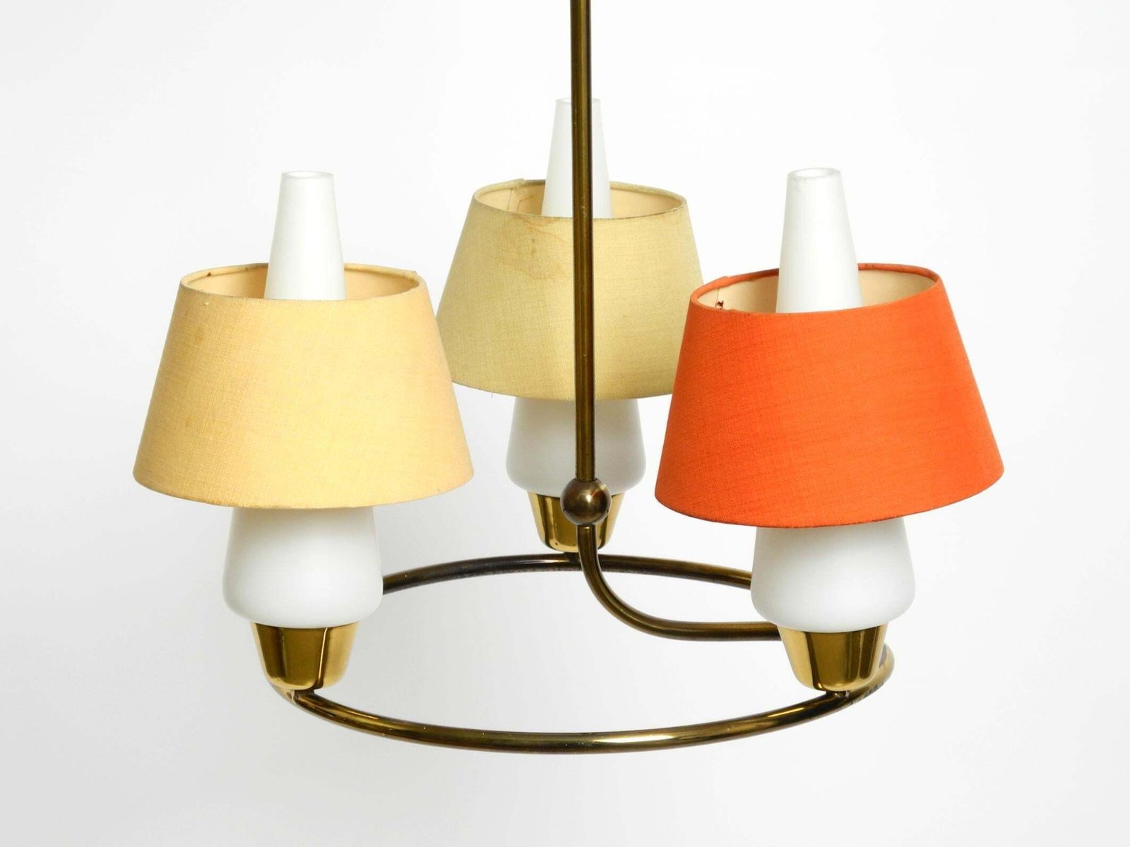 Mid Century Brass Ceiling Lamp With Glass And Fabric Shades By J. T. Kalmar photo Lighting