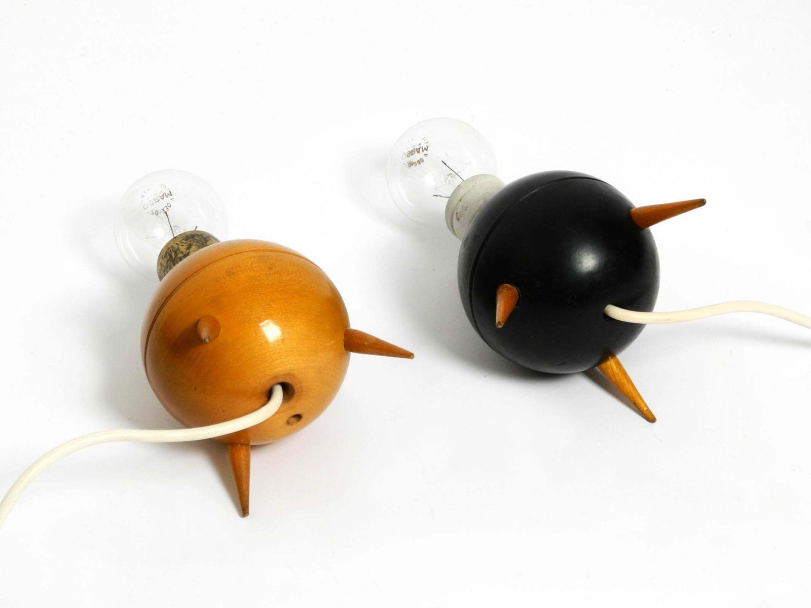 Pair Of Beautiful Small Mid Century Modern Tripod Wooden Table Lamps photo buy