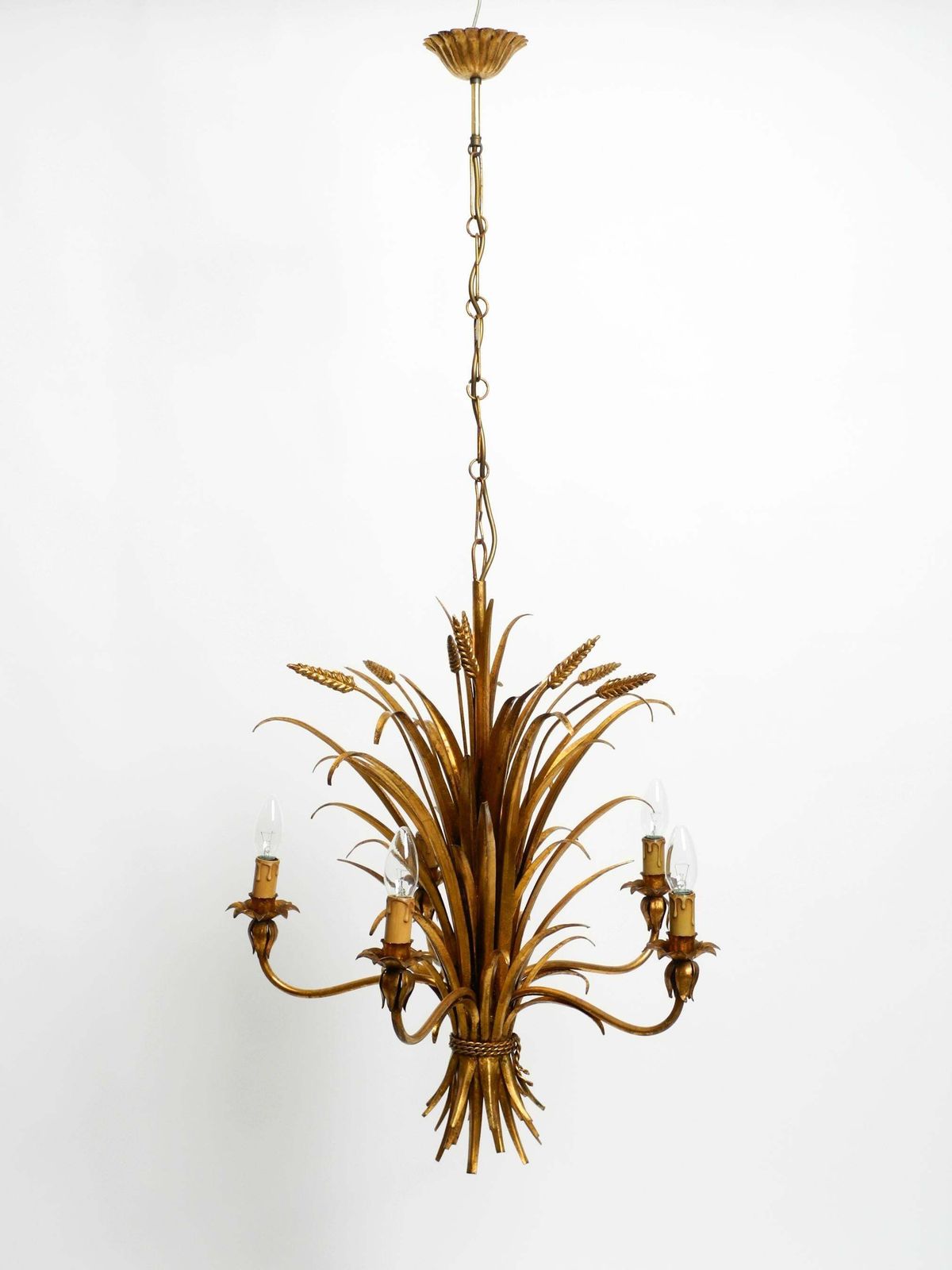 Beautiful 1970s Gold Plated 5 Arm Tall Metal Chandelier By Hans Kögl photo vintage