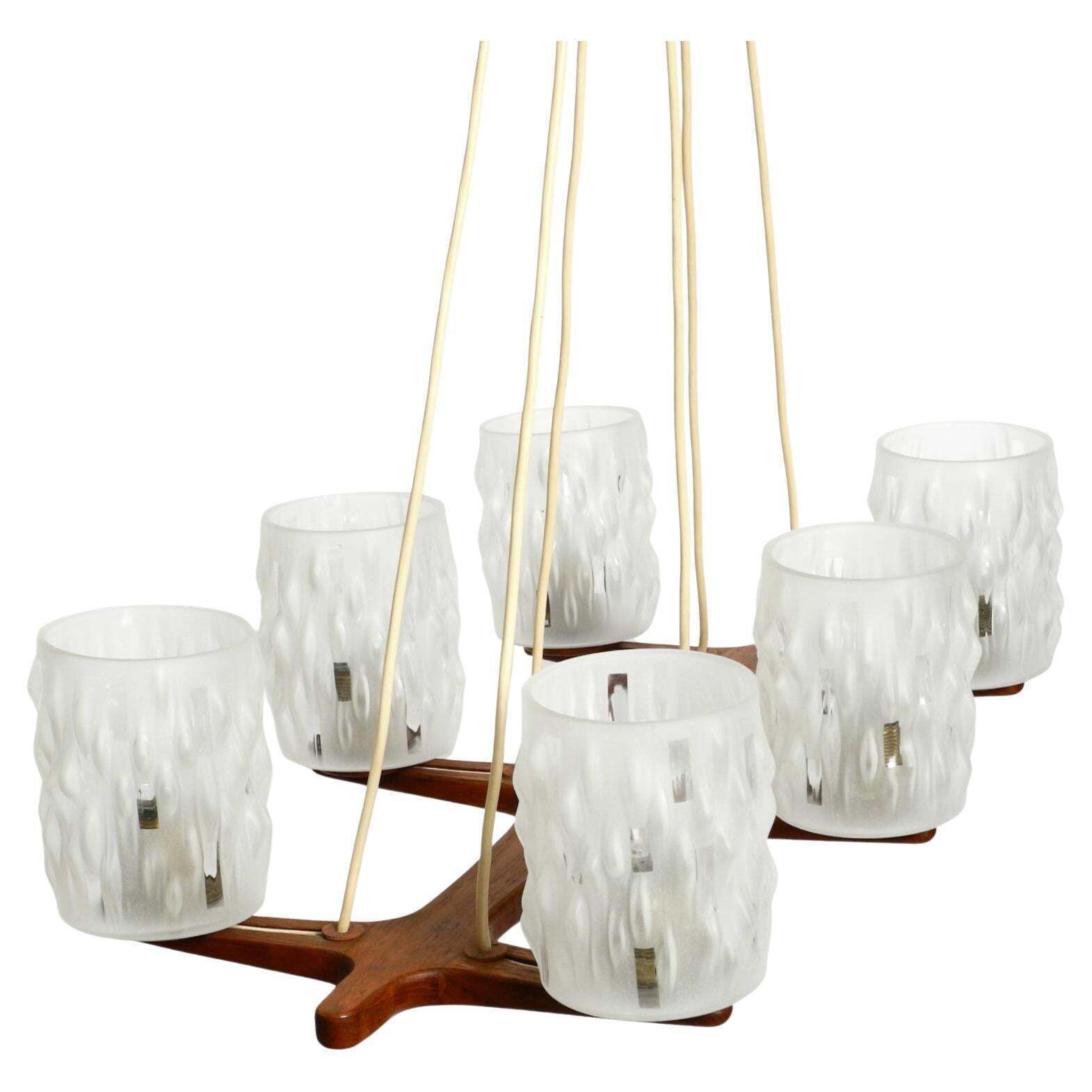 6 Armed Scandinavian 1960s Ceiling Lamp Made Of Teak And With Glass Shades
