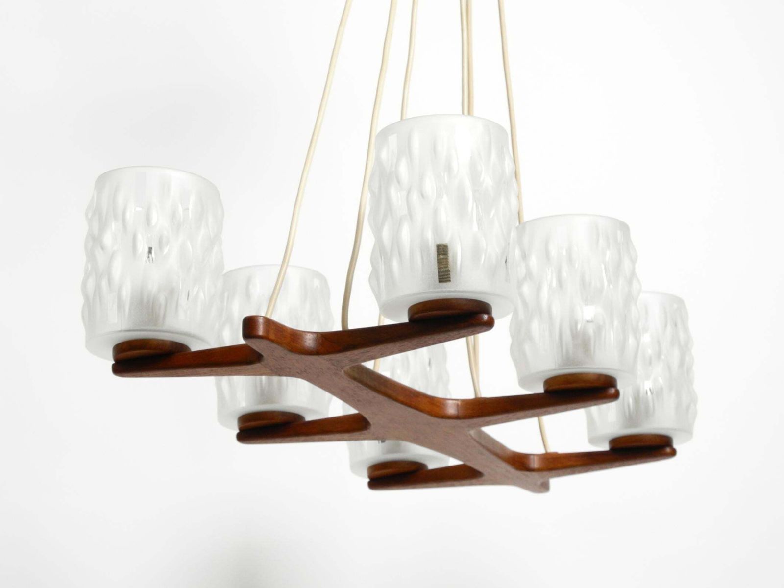 6 Armed Scandinavian 1960s Ceiling Lamp Made Of Teak And With Glass Shades photo for sale