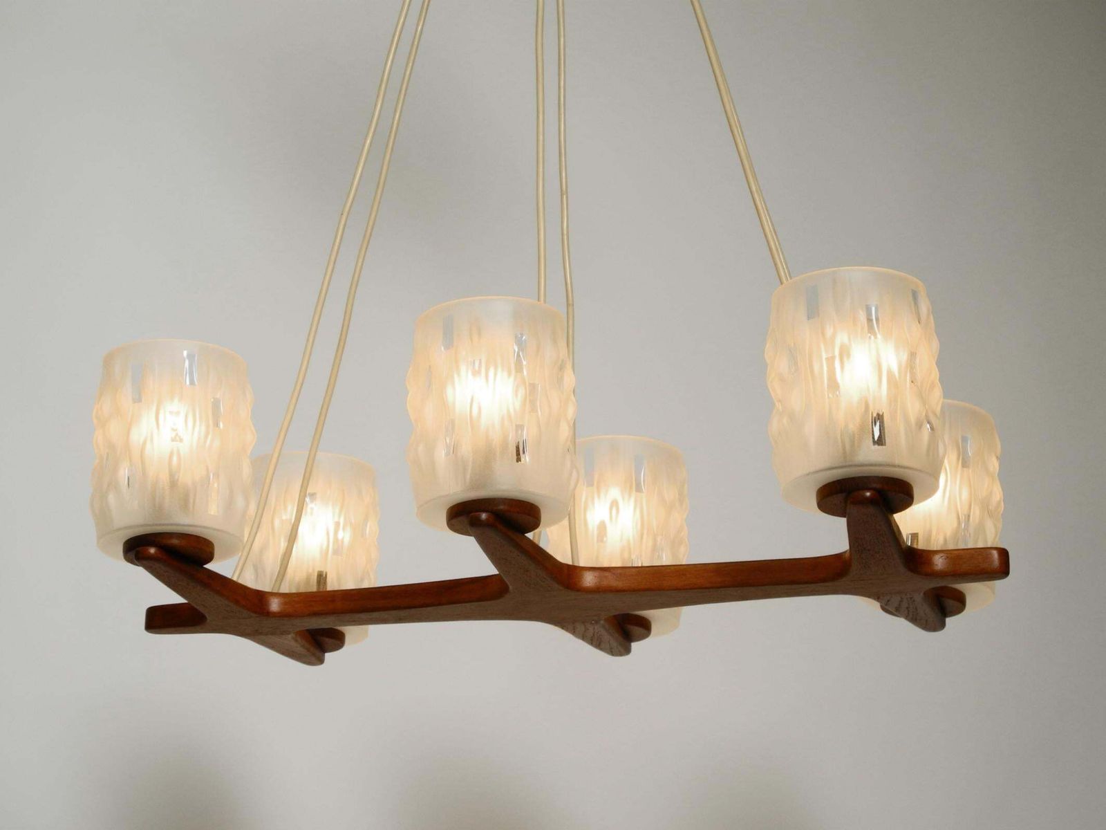 6 Armed Scandinavian 1960s Ceiling Lamp Made Of Teak And With Glass Shades photo vinterior