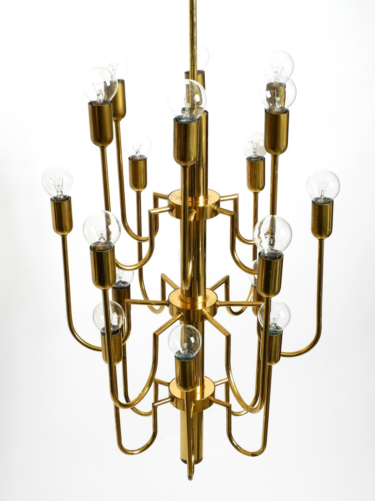 Beautiful Three Staged 18 Arm Mid Century Brass Chandelier With A Long Brass Rod photo 2574.0