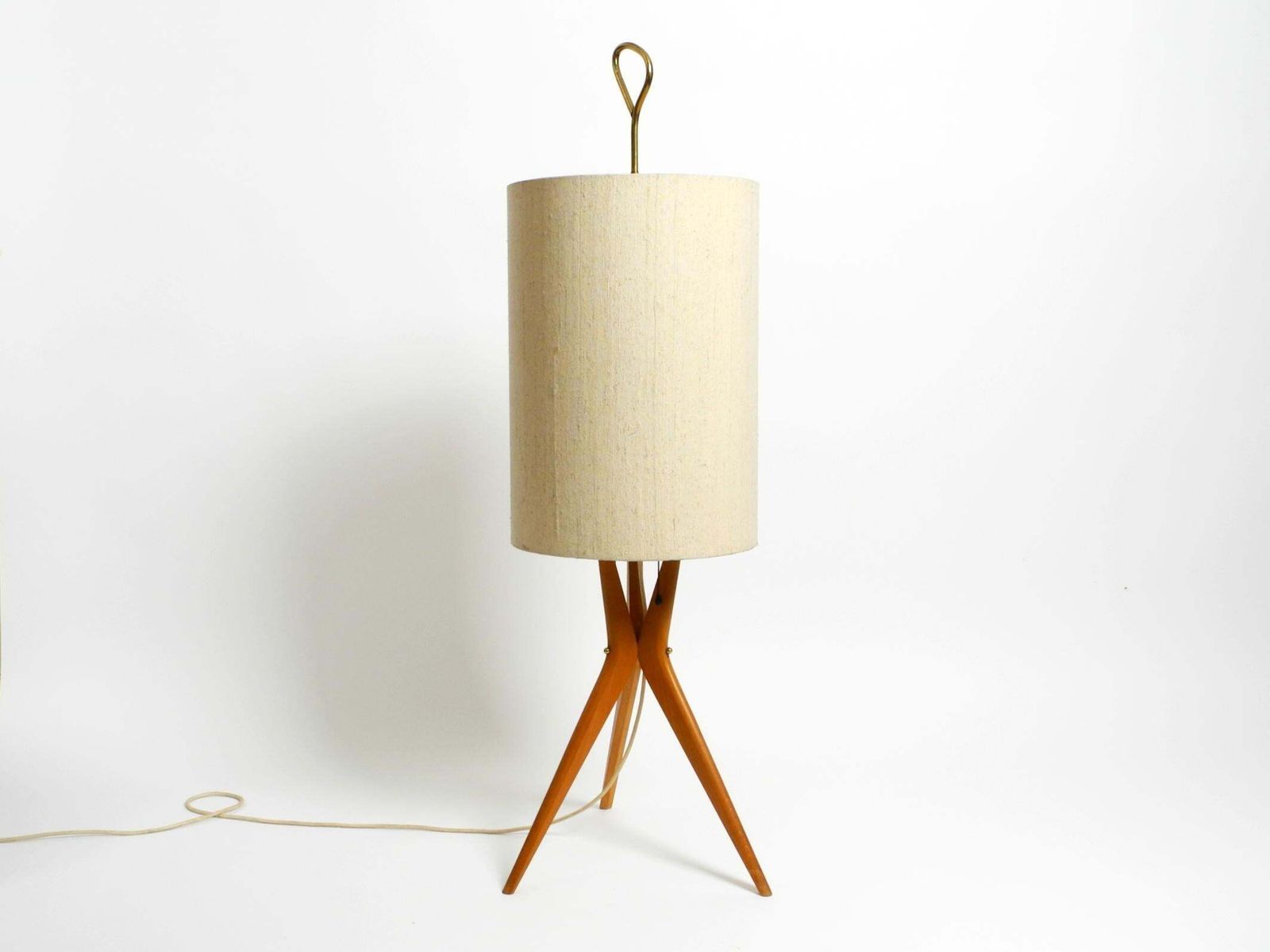 Beautiful Mid Century Tripod Walnut Wood Floor Lamp With Large Fabric Shade photo furniture