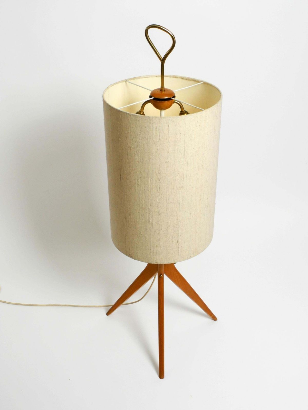 Beautiful Mid Century Tripod Walnut Wood Floor Lamp With Large Fabric Shade photo Lighting