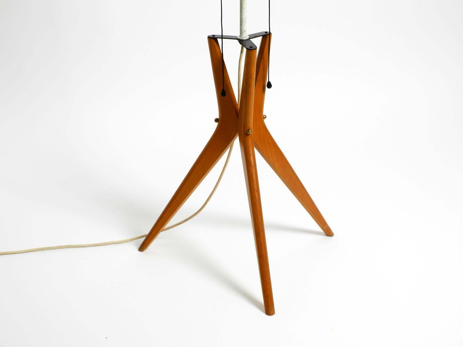 photo furniture Beautiful Mid Century Tripod Walnut Wood Floor Lamp With Large Fabric Shade