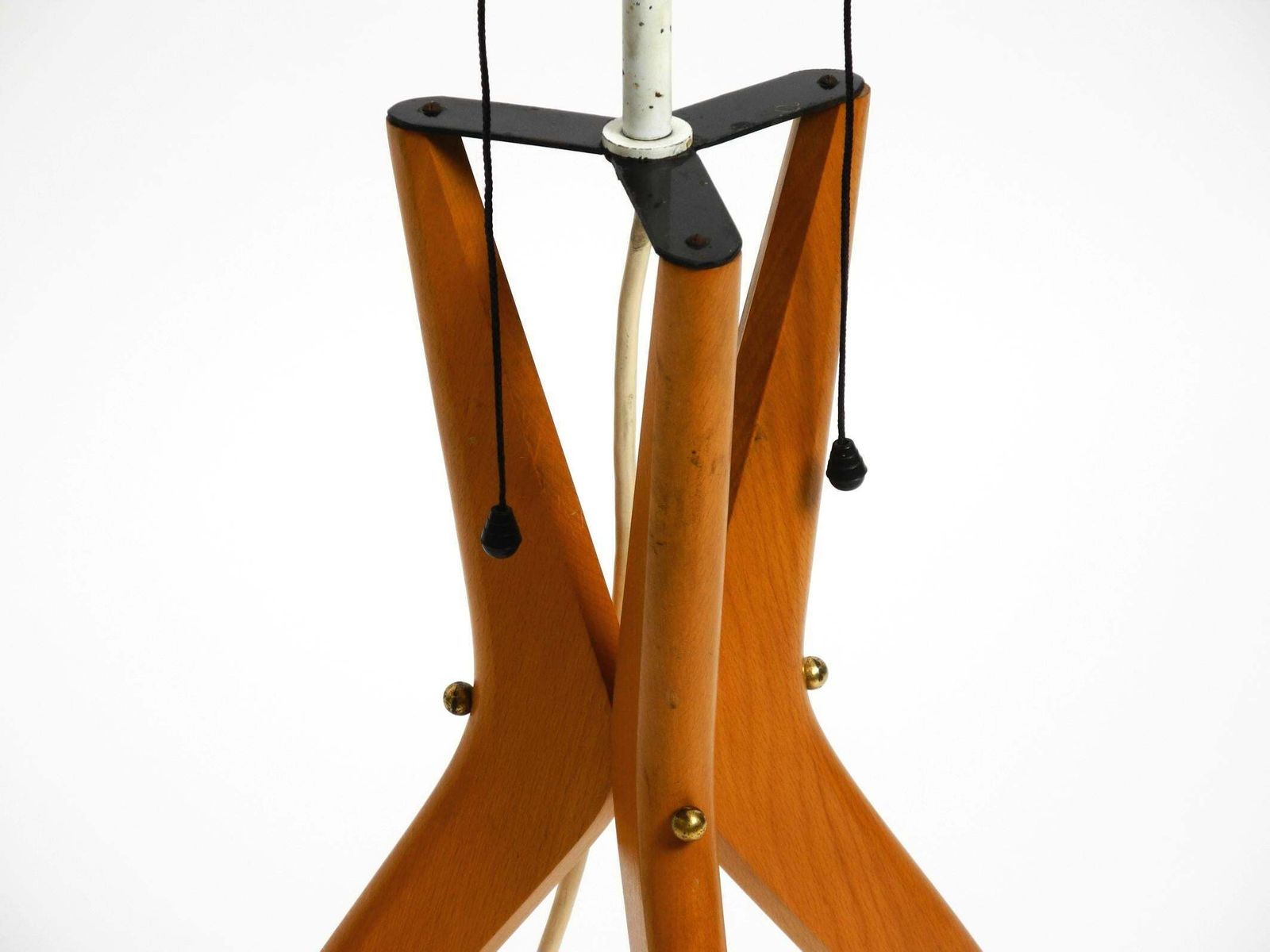 photo for sale Beautiful Mid Century Tripod Walnut Wood Floor Lamp With Large Fabric Shade