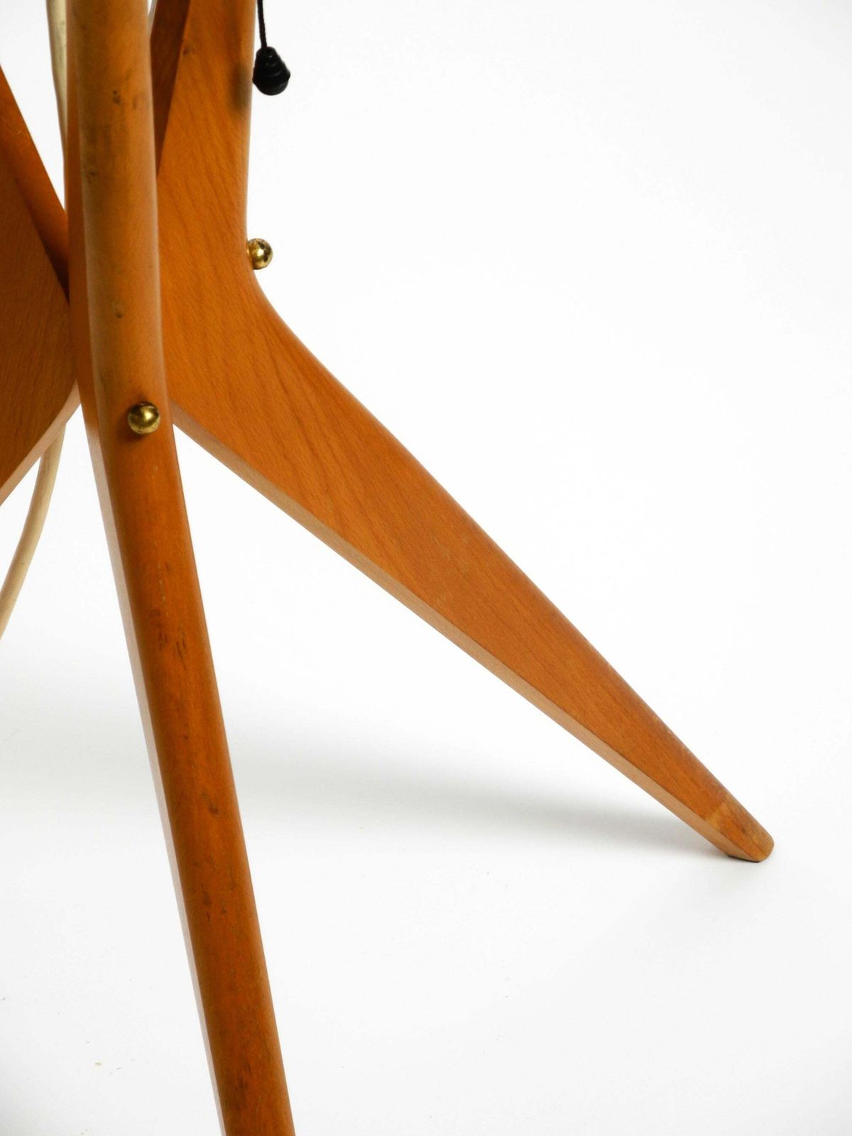 1560.0 Beautiful Mid Century Tripod Walnut Wood Floor Lamp With Large Fabric Shade photo