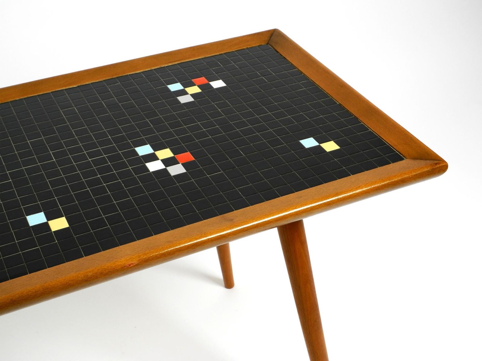 Beautiful Long Mid Century Walnut Wood Coffee Table With A Mosaic Surface photo vinterior