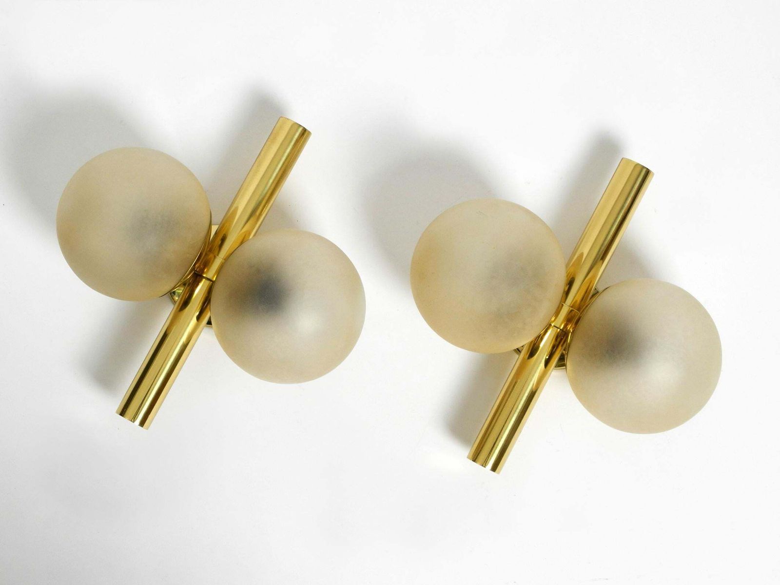 Pair Of Beautiful 1960s Kaiser Brass Wall Lamps With Two Golden Glass Spheres photo furniture