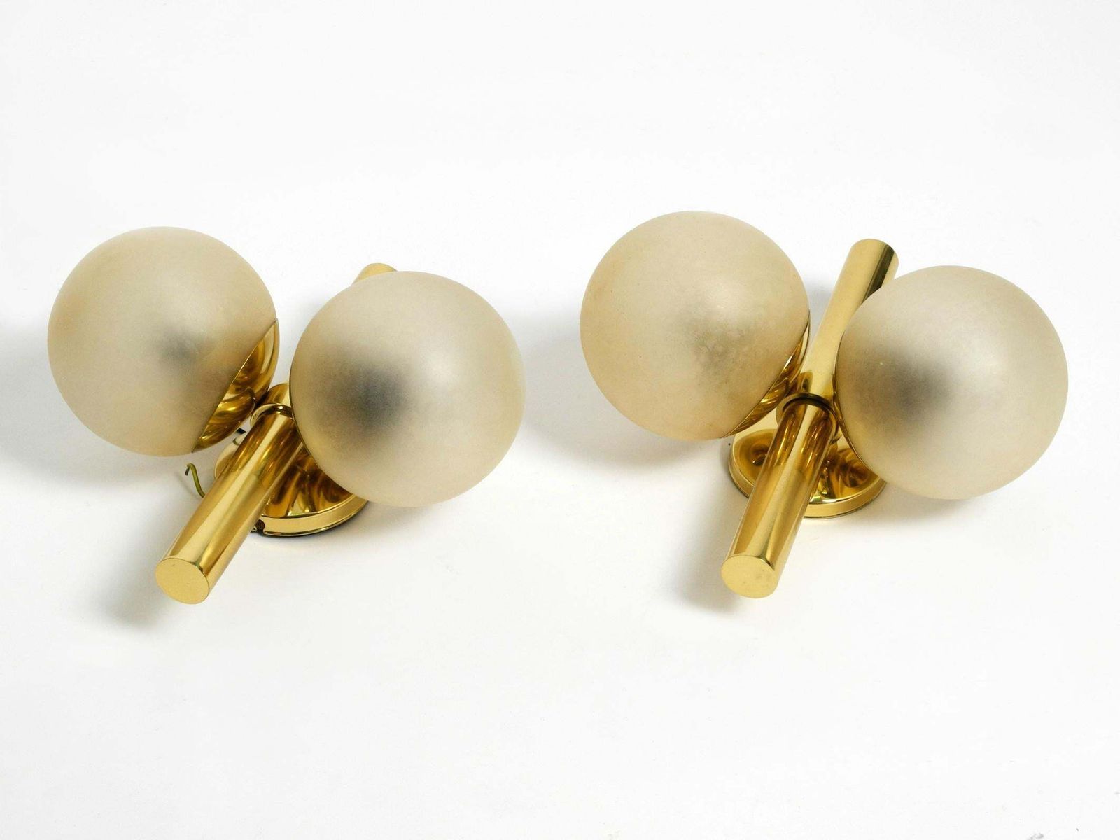Pair Of Beautiful 1960s Kaiser Brass Wall Lamps With Two Golden Glass Spheres photo for sale