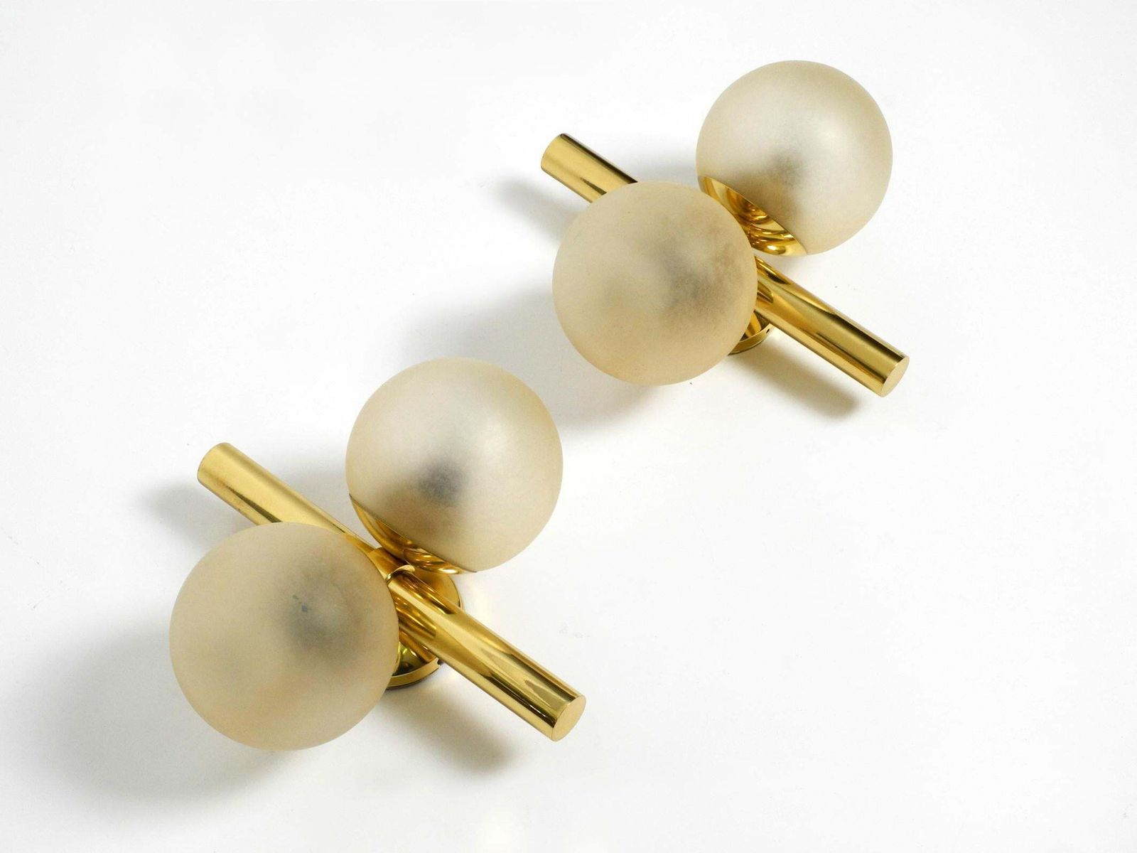 Pair Of Beautiful 1960s Kaiser Brass Wall Lamps With Two Golden Glass Spheres photo Lighting