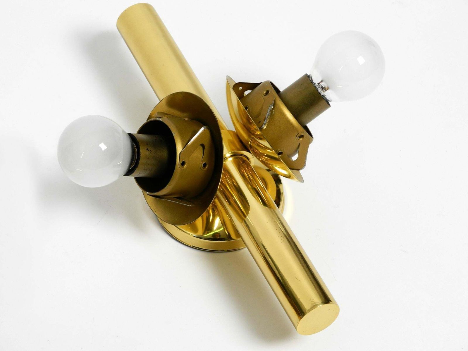 Pair Of Beautiful 1960s Kaiser Brass Wall Lamps With Two Golden Glass Spheres photo vintage