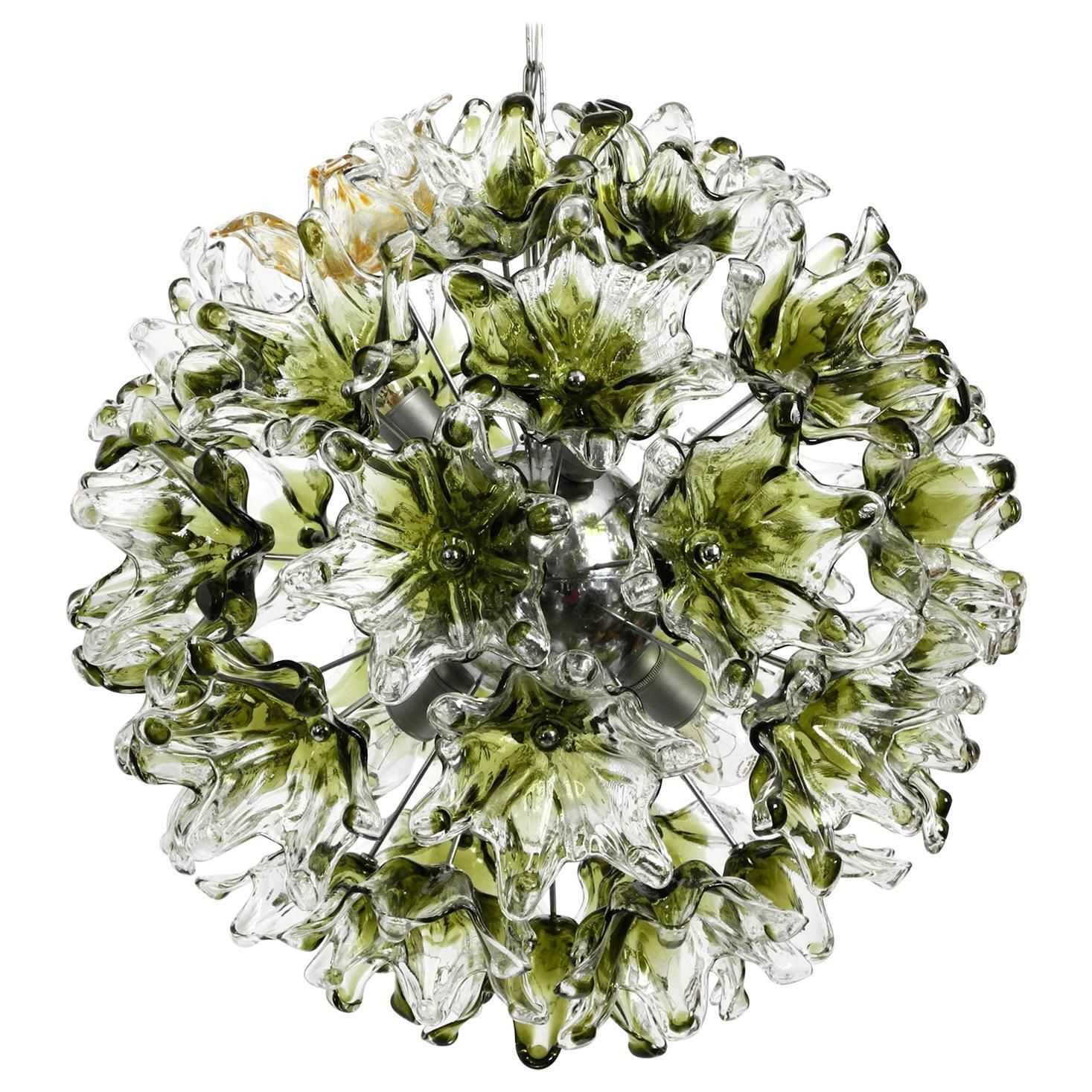 Large Unique Italian Xxl 1960s Pendant Lamp With Murano Glass Flowers By Veart