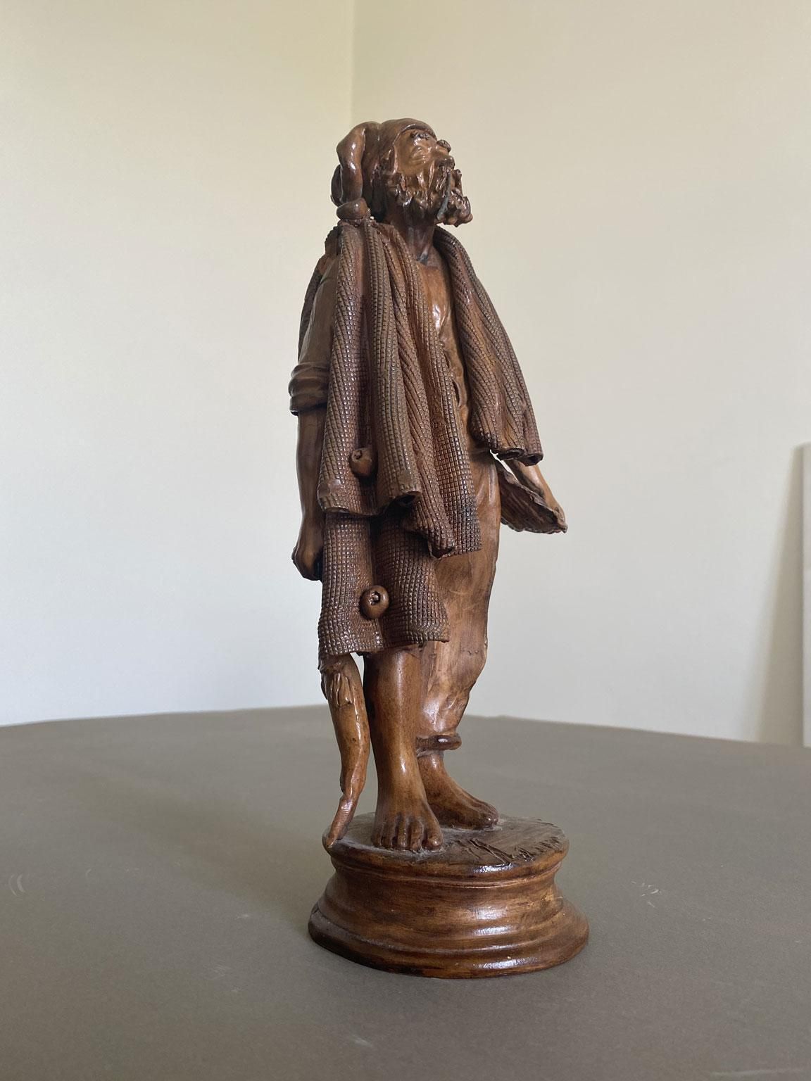 Italy Late 20th Century Carved Wooden Fisherman Sculpture photo vintage