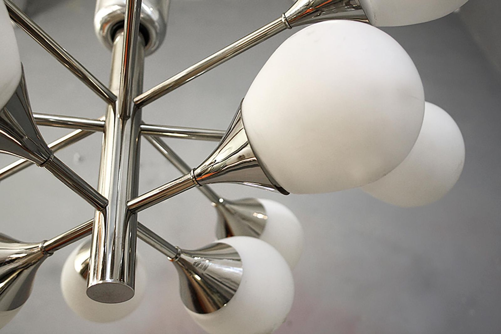 German Sputnik Flush Mount Chandelier White Glass Globes & Chrome By Kaiser 1970 photo Lighting