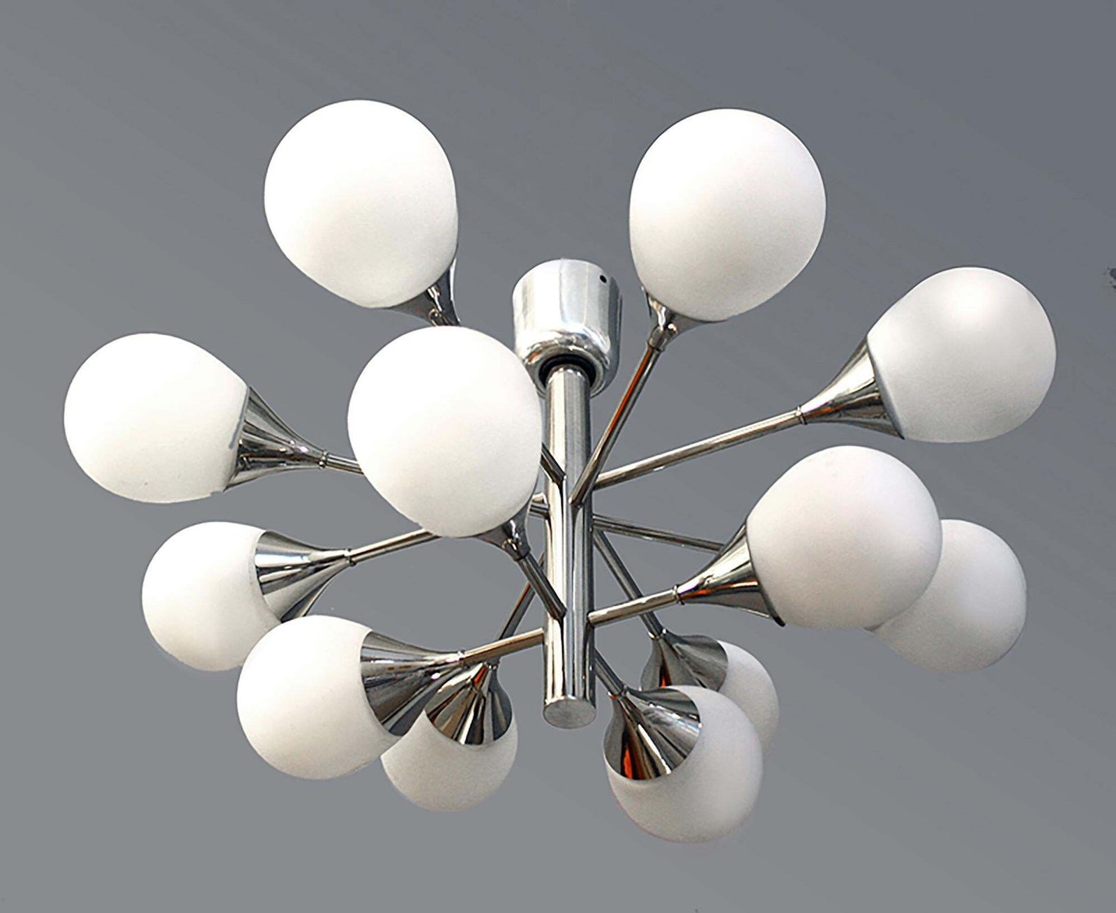 German Sputnik Flush Mount Chandelier White Glass Globes & Chrome By Kaiser 1970 photo vinterior