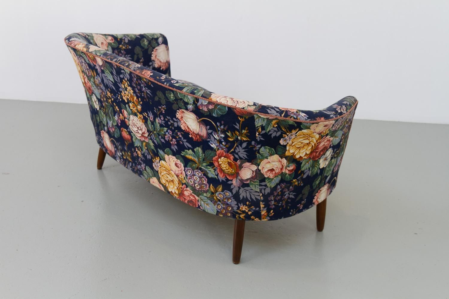 Danish Mid Century Two Seater Banana Sofa With Floral Fabric, 1950s. photo buy