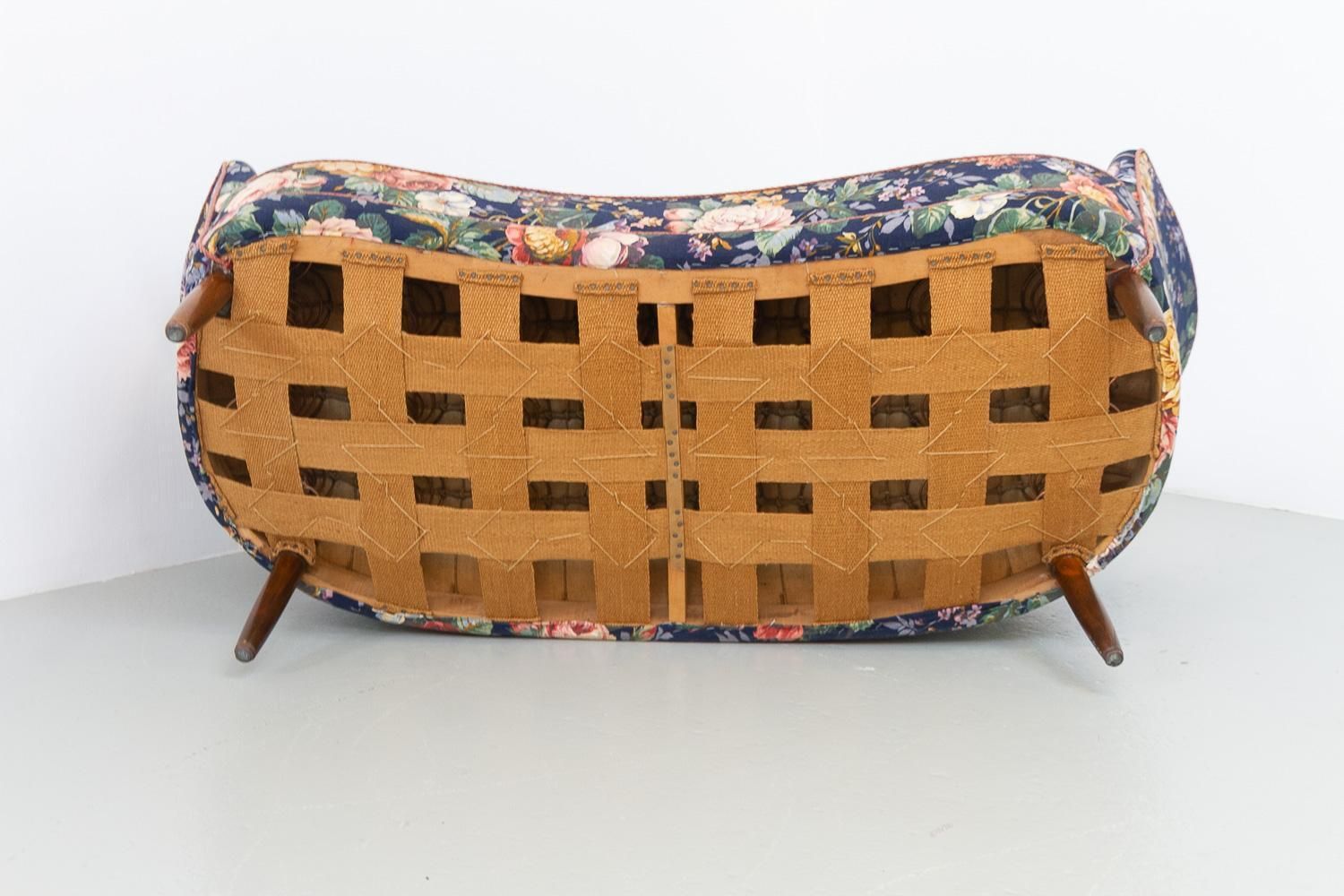 864.0 Danish Mid Century Two Seater Banana Sofa With Floral Fabric, 1950s. photo