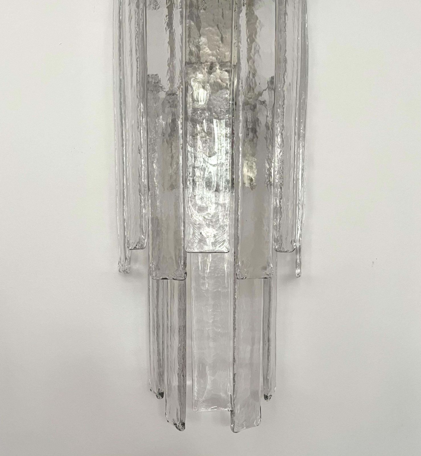 Lighting Italian Midcentury Long Clear Murano Pair Of Wall Sconces By Mazzega, 1970s photo