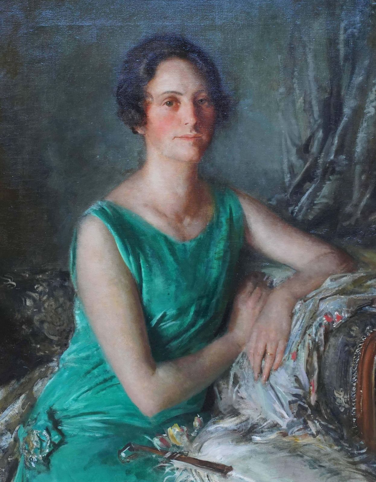 Walter Westley Russellportrait Of Mrs Guy Houlder In Green Dress   British Exhib Art Deco Oil Painting1927 photo furniture