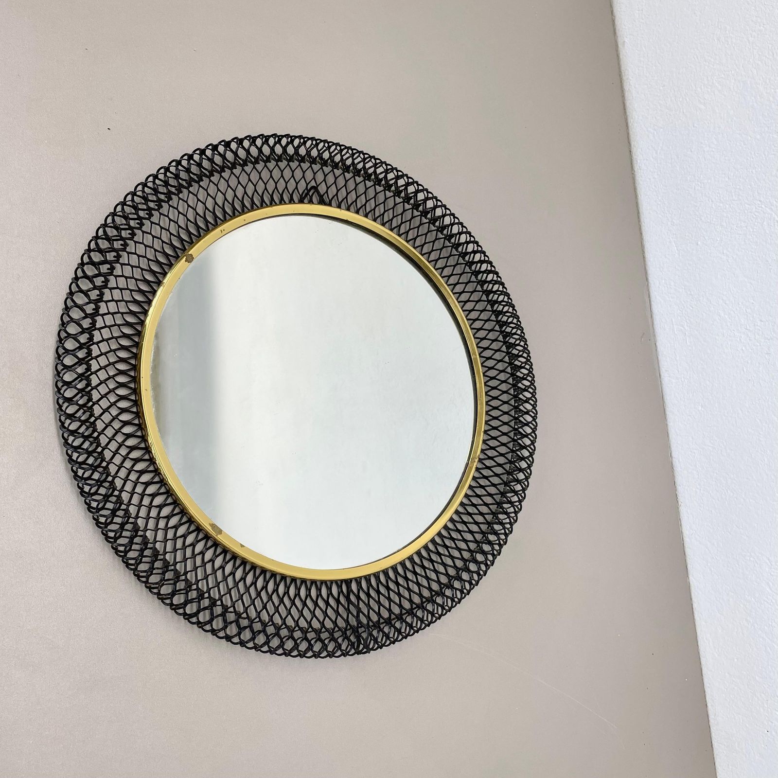Original 34cm French Mategot Style Bauhaus Metal Wall Mirror, France 1950s photo furniture