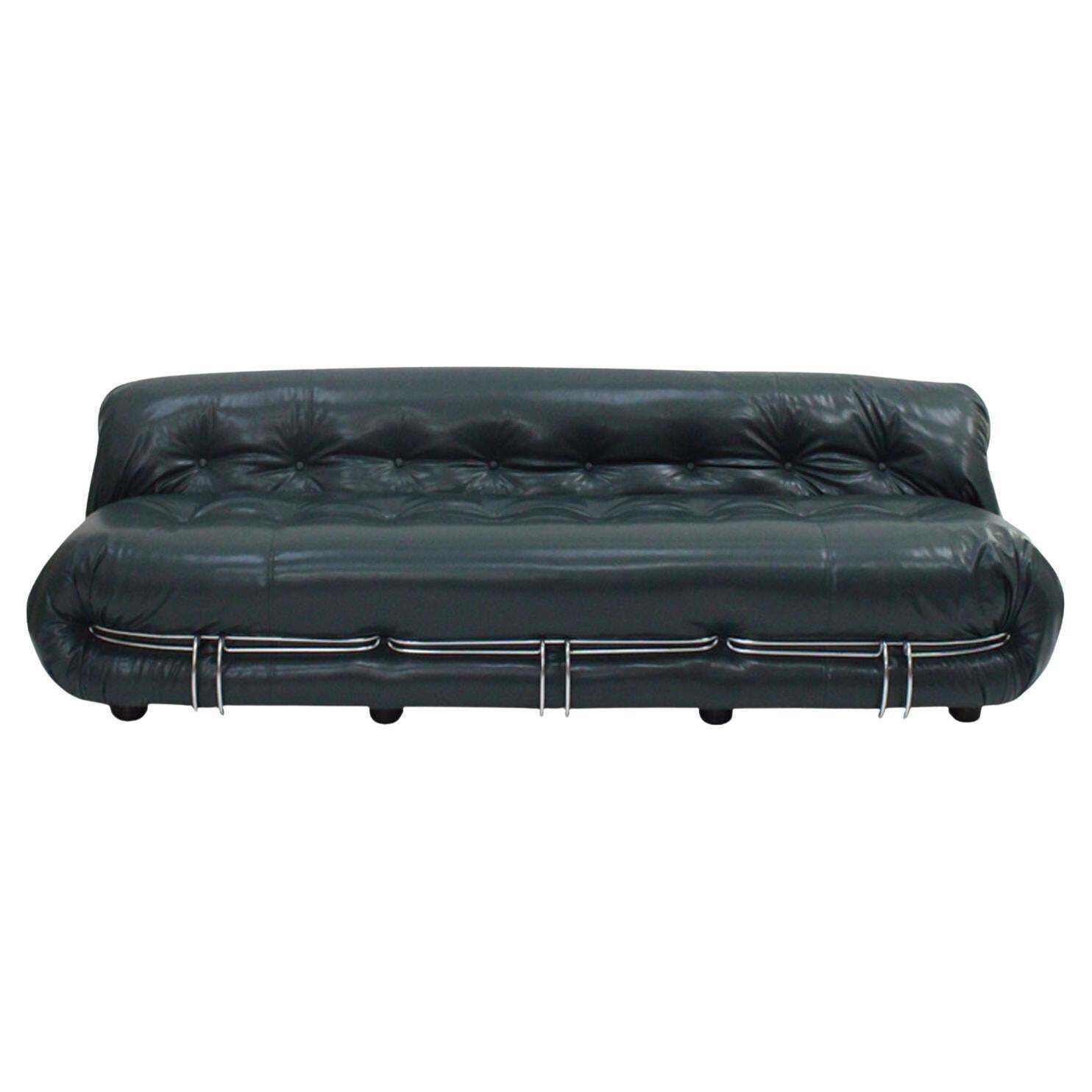 Soriana Sofa By Tobia Scarpa For Cassina, Italy 1960s, Green Leather And Steel