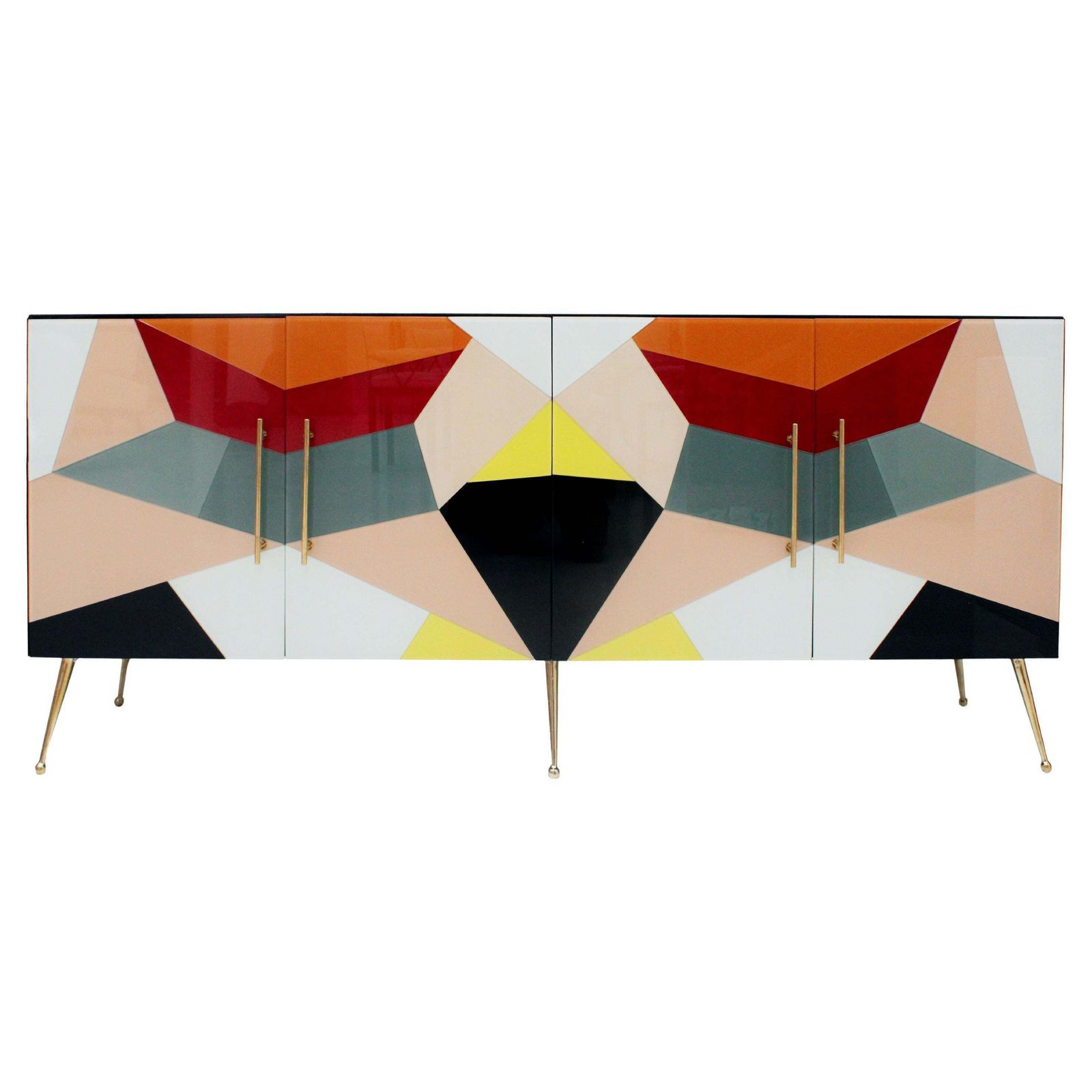 Mid Century Italian Sideboard, Colorful Glass And Brass, Geometric Design.
