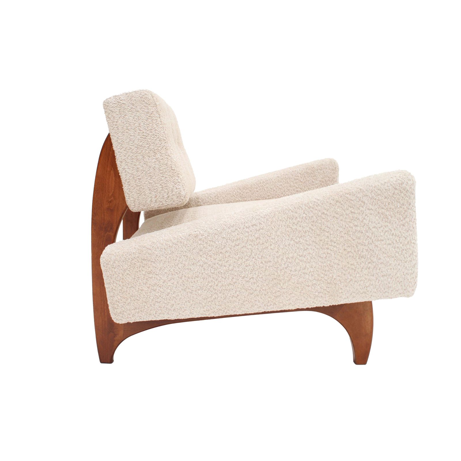 Pair Of Italian Contemporary Walnut Armchairs With White Bouclé Upholstery photo for sale