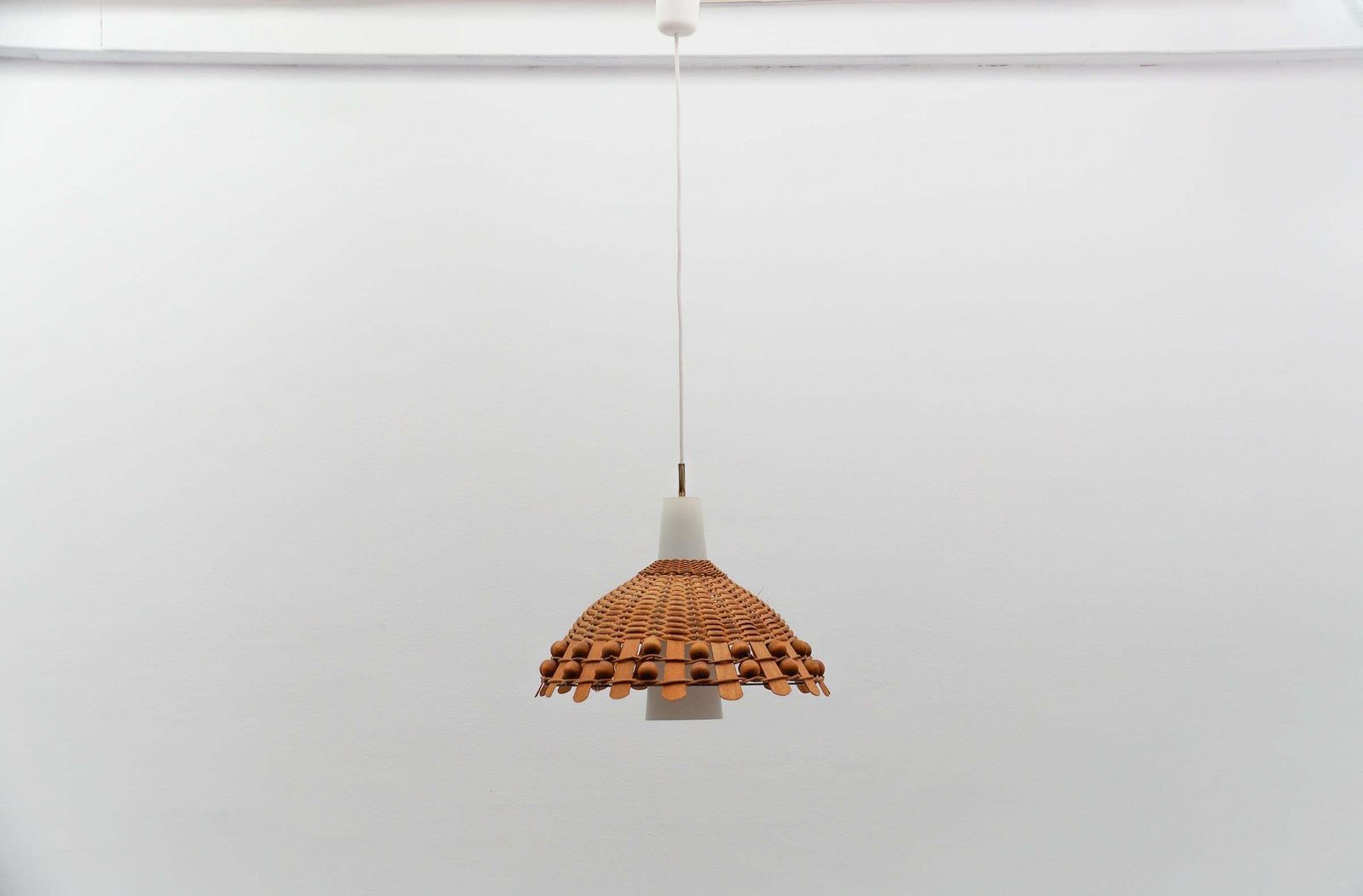 Mid Century Modern Pendant Light In Rattan And Opaline Glass And Copper , 1960s photo furniture