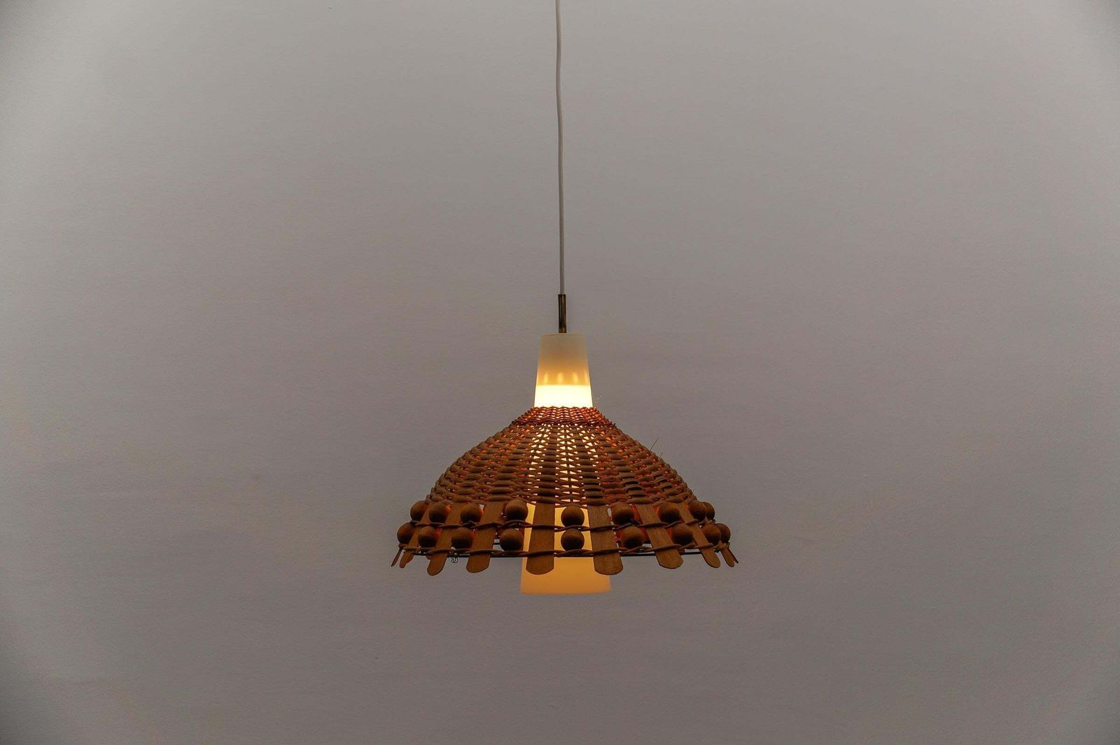 Mid Century Modern Pendant Light In Rattan And Opaline Glass And Copper , 1960s photo for sale
