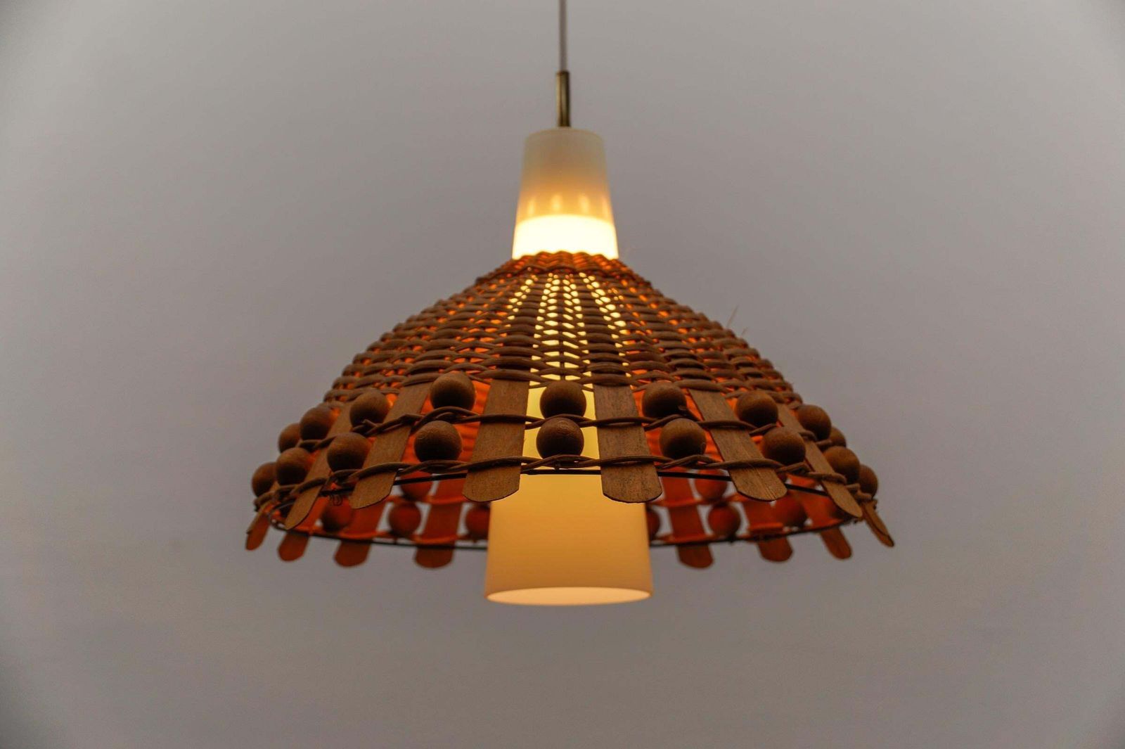 Mid Century Modern Pendant Light In Rattan And Opaline Glass And Copper , 1960s photo vinterior