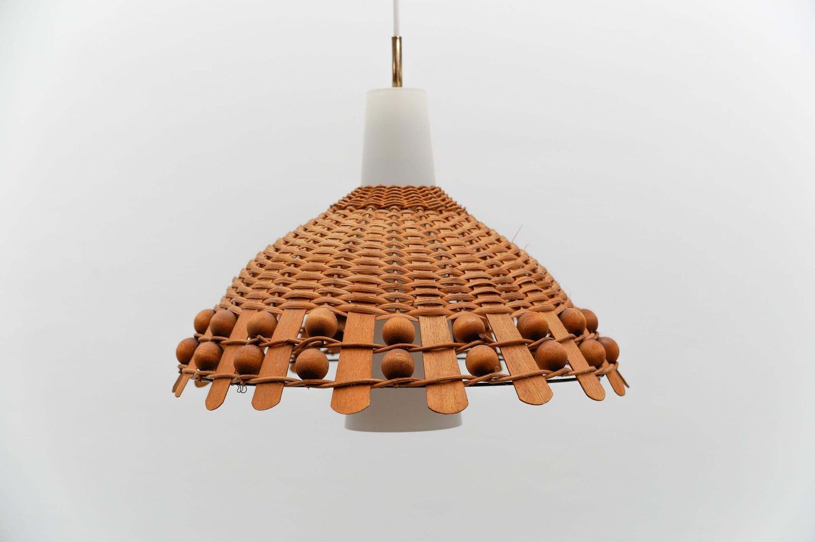 Mid Century Modern Pendant Light In Rattan And Opaline Glass And Copper , 1960s photo buy
