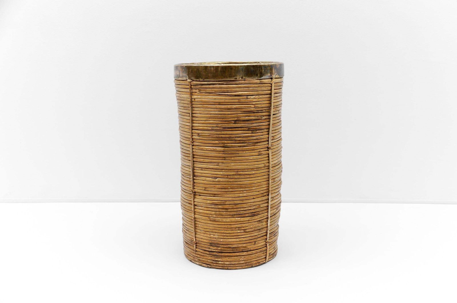 Lovely Rattan And Brass Umbrella Stand In Gebriella Crespi Style, 1960s Italy photo furniture